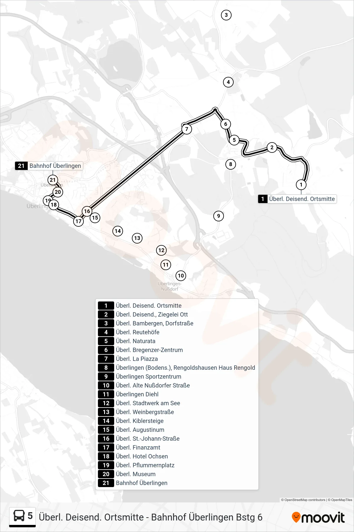 5 bus Line (Bahnhof Überlingen) route and stops on a map