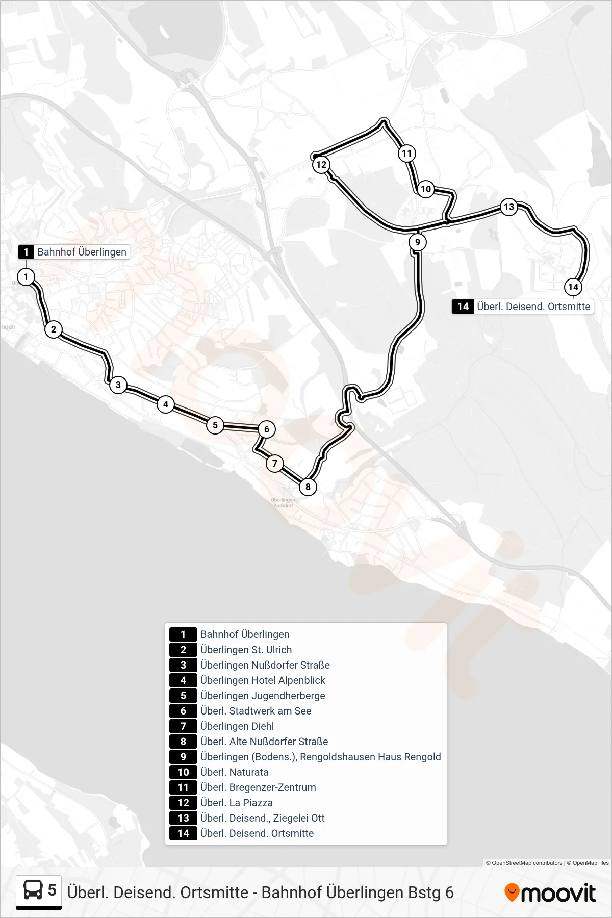 5 bus Line (Überl. Deisend. Ortsmitte) route and stops on a map