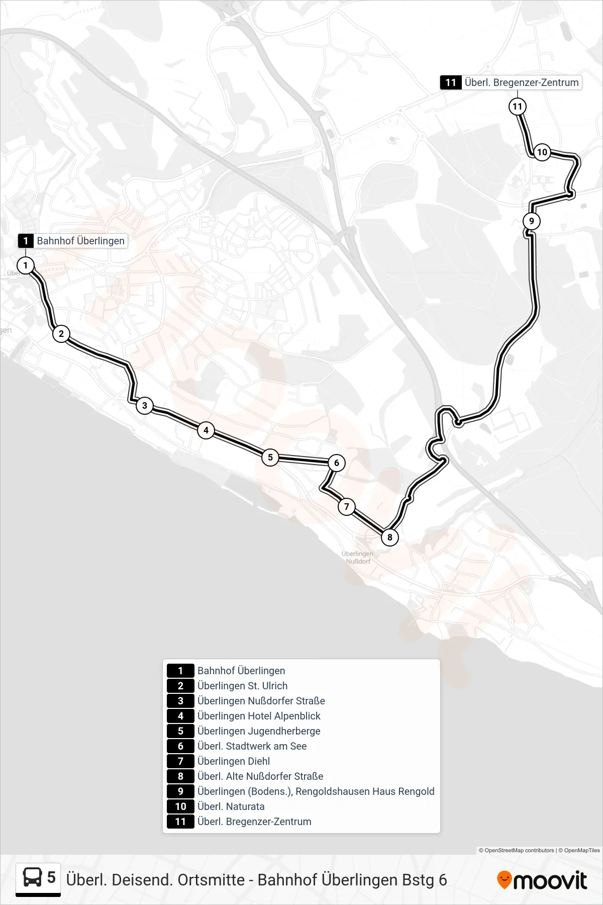 Linie 5 (Bus) Richtung Überl. Bregenzer-Zentrum: Route und Haltestellen auf der Karte