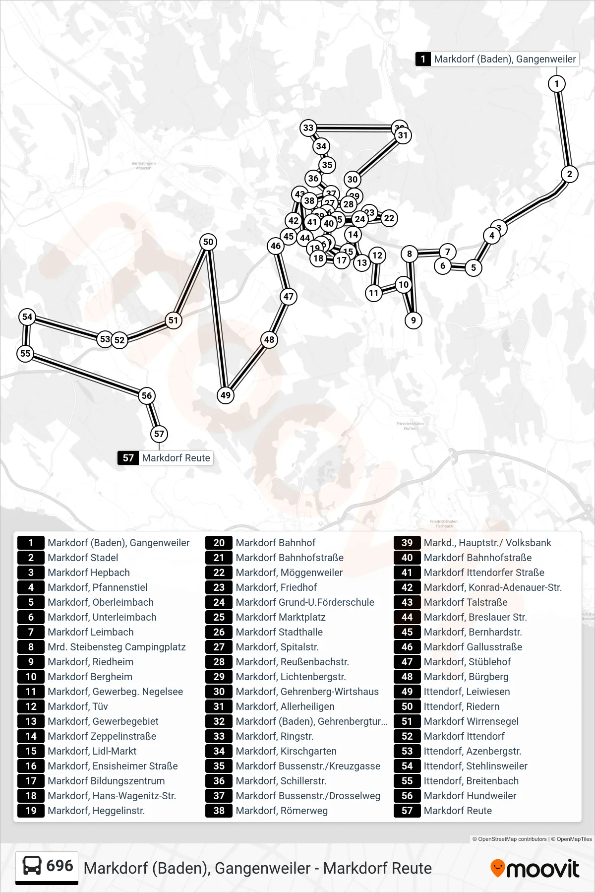 696 bus Line (Markdorf Reute) route and stops on a map