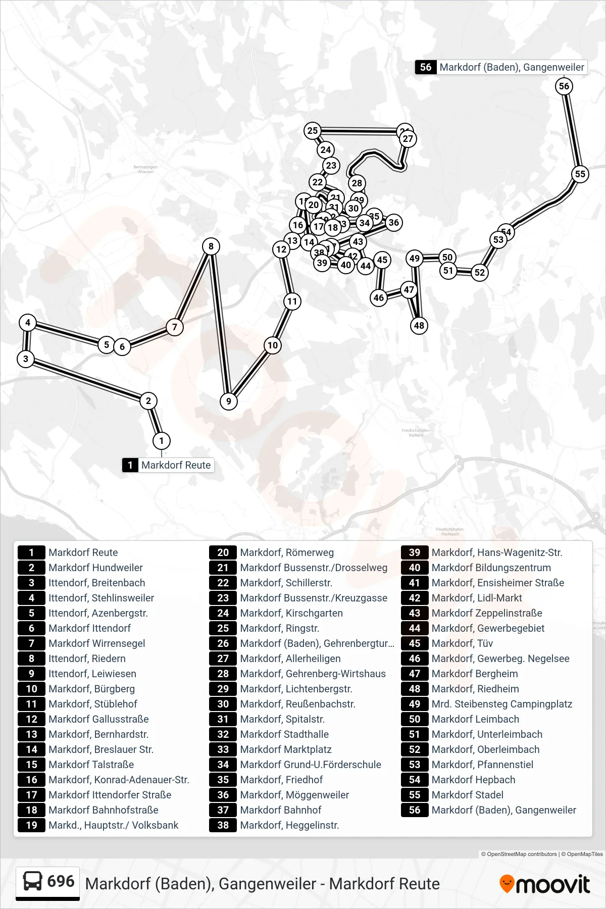 Linie 696 (Bus) Richtung Markdorf (Baden), Gangenweiler: Route und Haltestellen auf der Karte