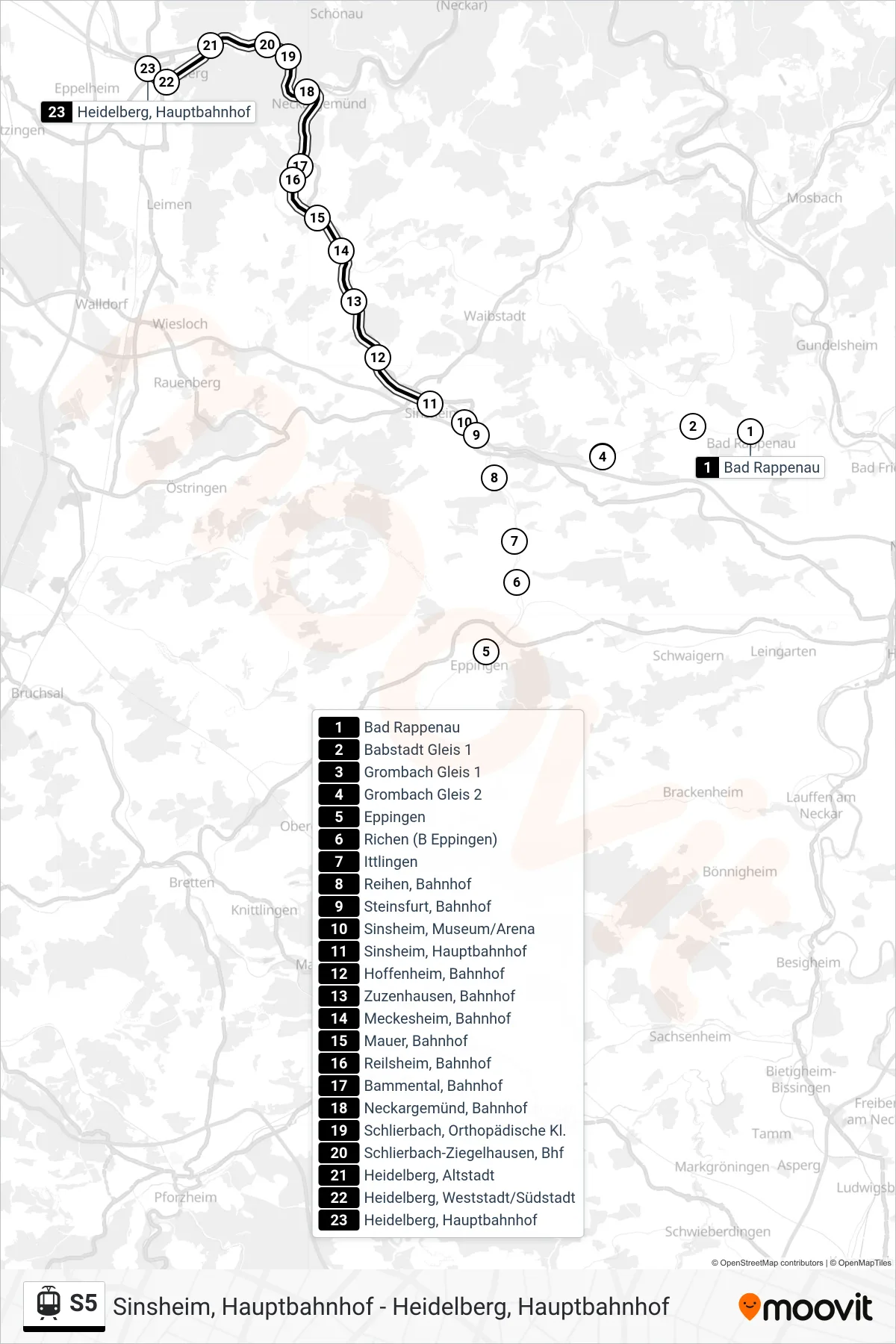 Linie S5 (Straßenbahn) Richtung Heidelberg, Hauptbahnhof: Route und Haltestellen auf der Karte
