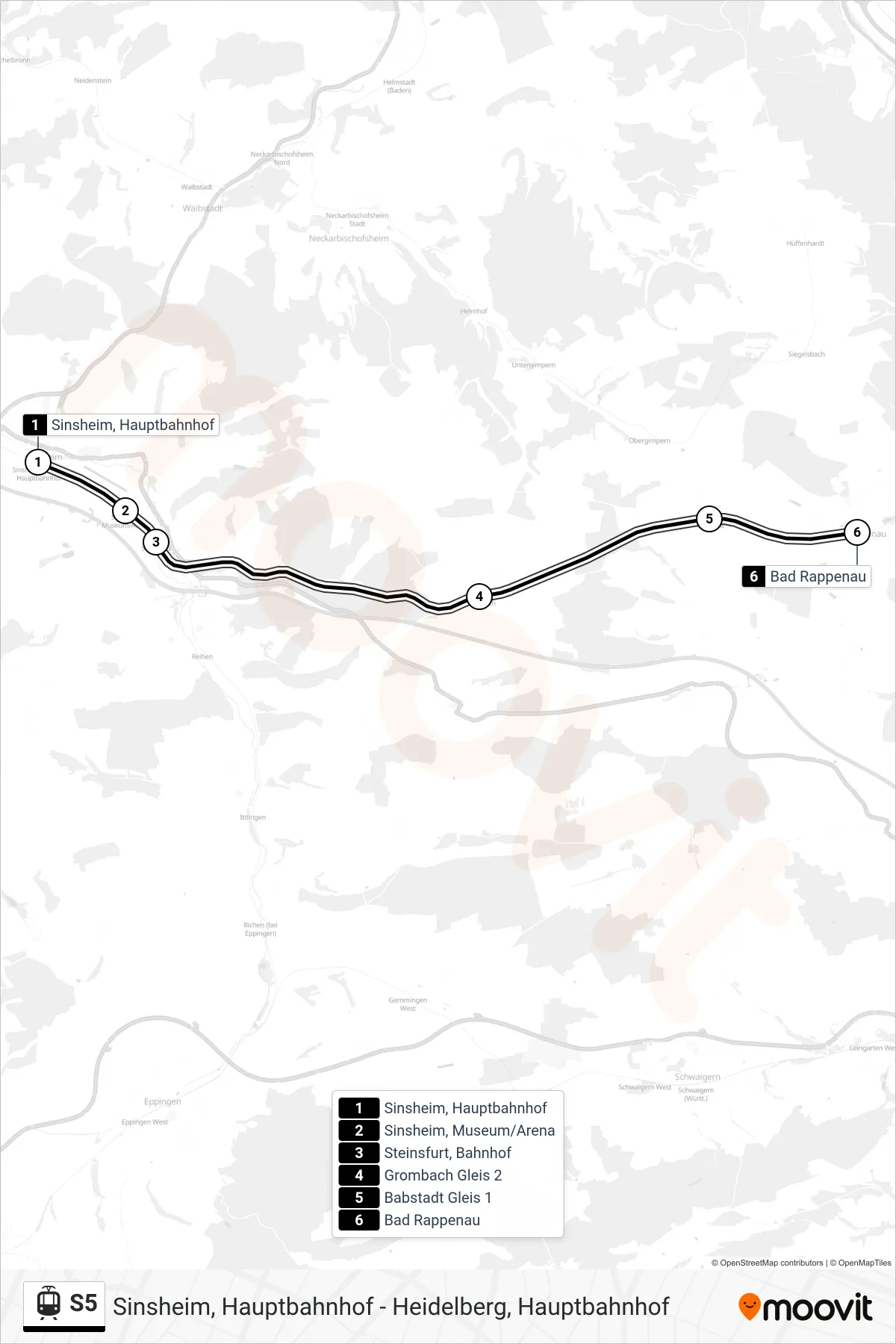 S5 tram Line (Bad Rappenau) route and stops on a map