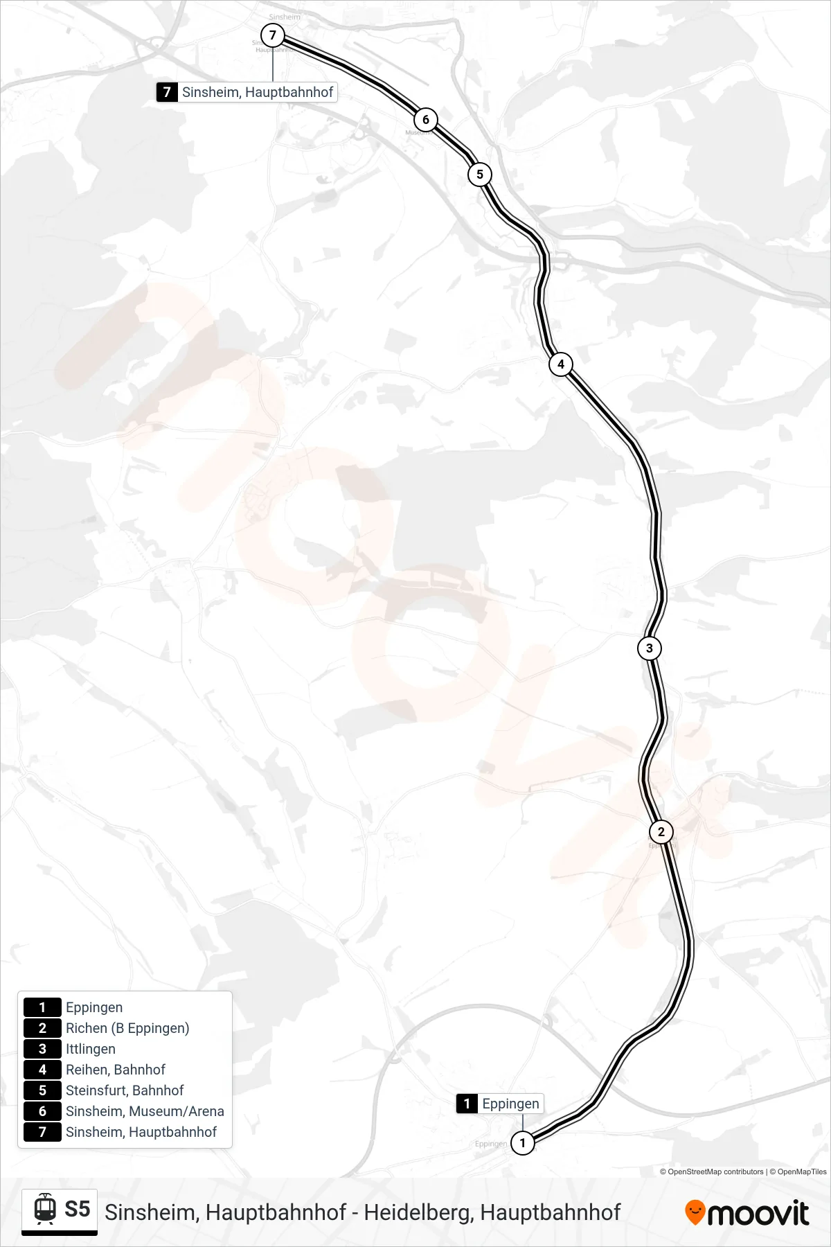 S5 light rail Line (Sinsheim, Hauptbahnhof) route and stops on a map