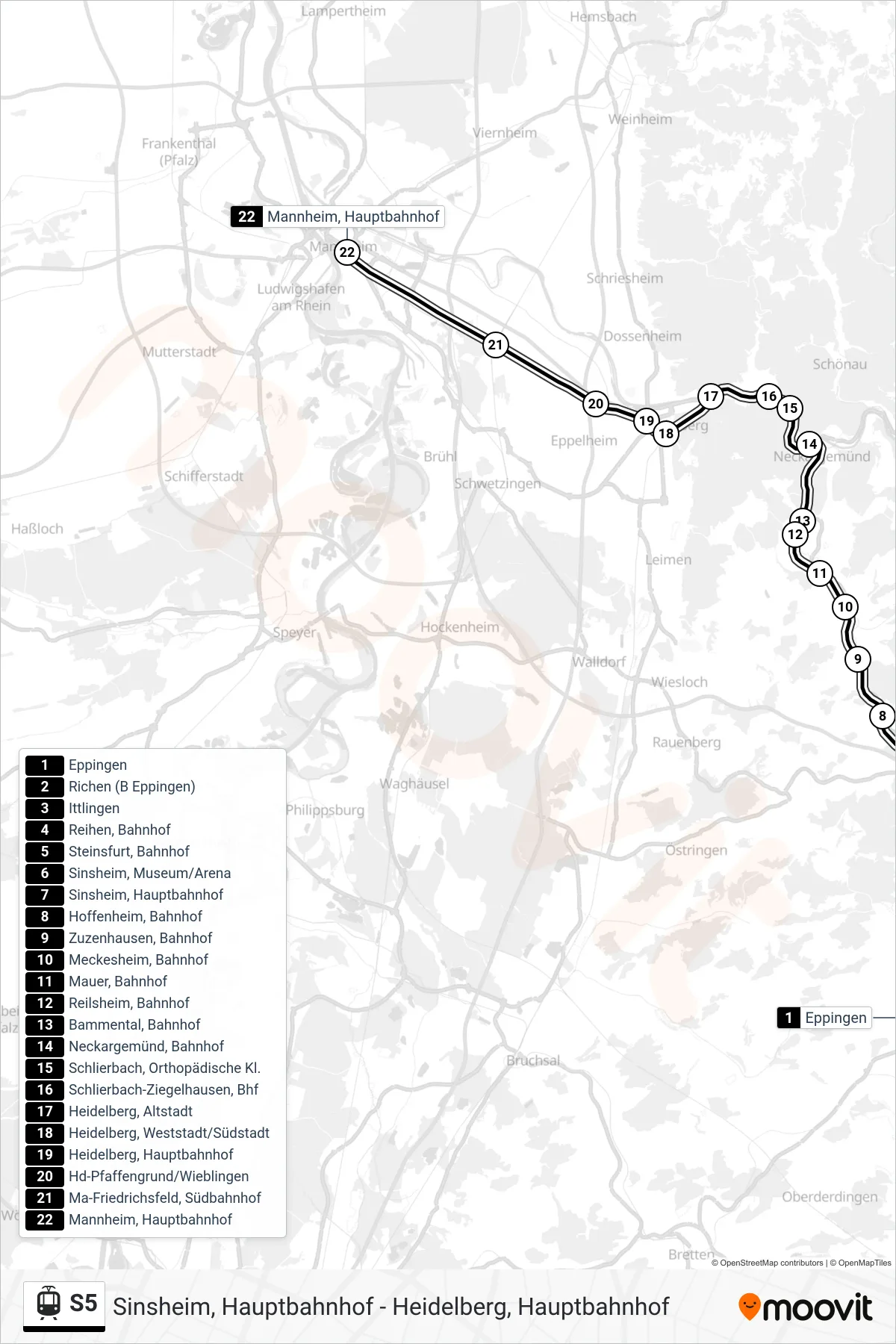 S5 light rail Line (Mannheim, Hauptbahnhof) route and stops on a map