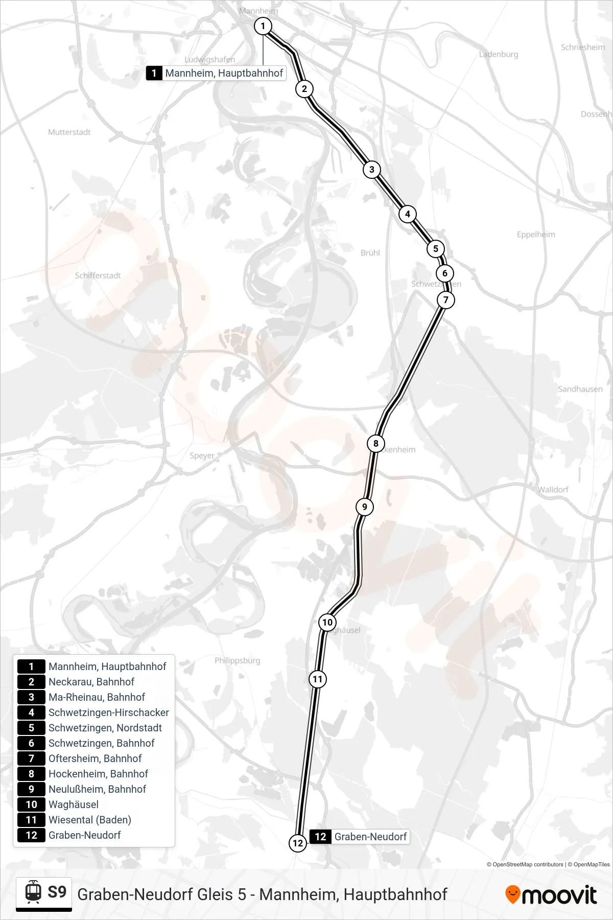 S9 light rail Line (Graben-Neudorf) route and stops on a map