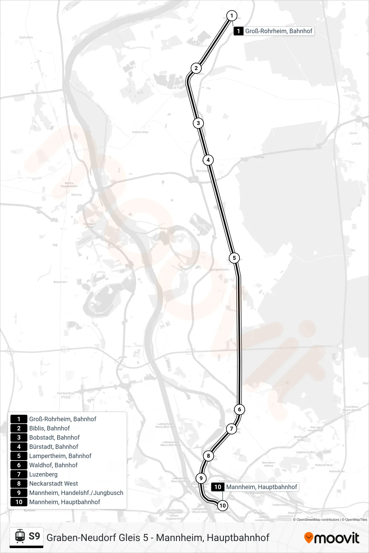 S9 light rail Line (Mannheim, Hauptbahnhof) route and stops on a map