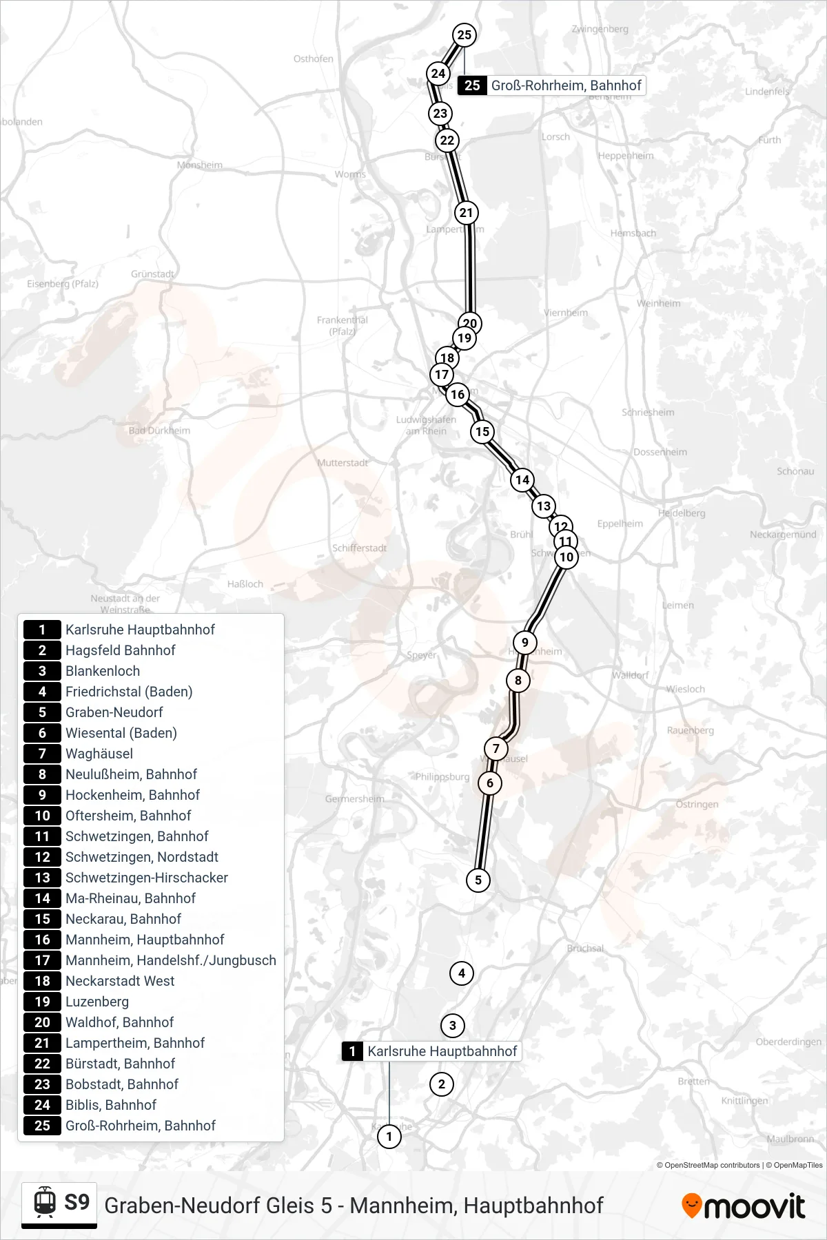 S9 light rail Line (Groß-Rohrheim, Bahnhof) route and stops on a map