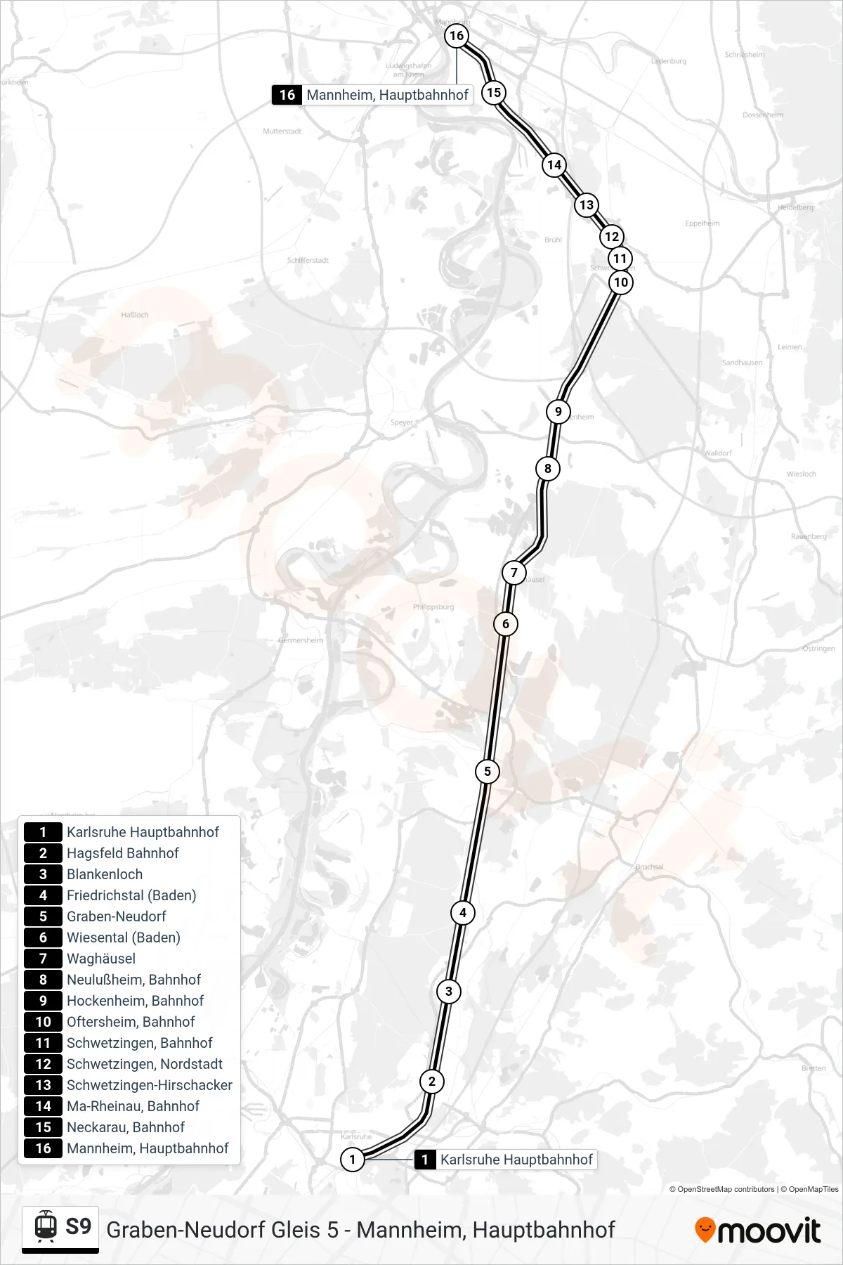 S9 light rail Line (Mannheim, Hauptbahnhof) route and stops on a map