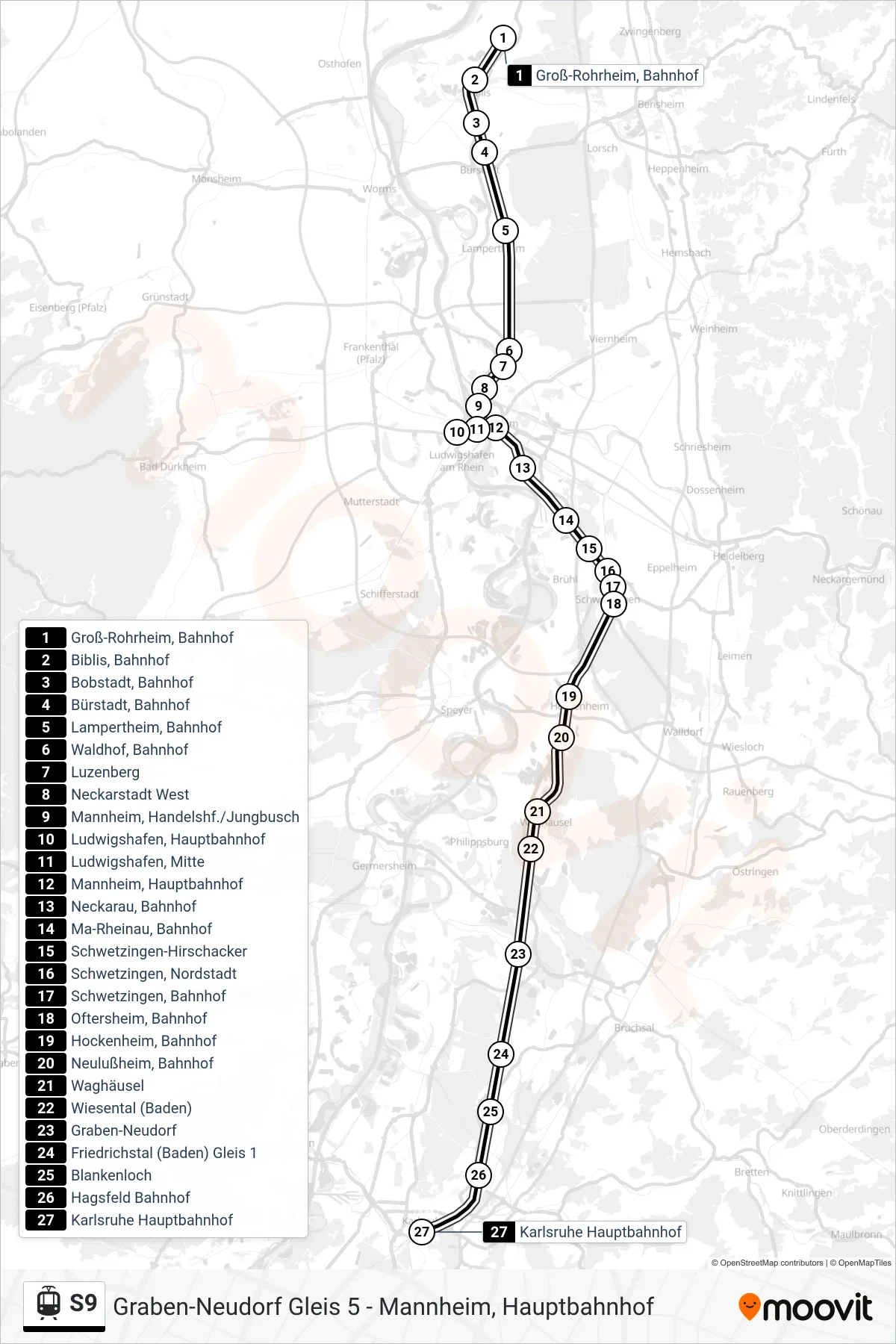 Linie S9 (Straßenbahn) Richtung Karlsruhe Hauptbahnhof: Route und Haltestellen auf der Karte