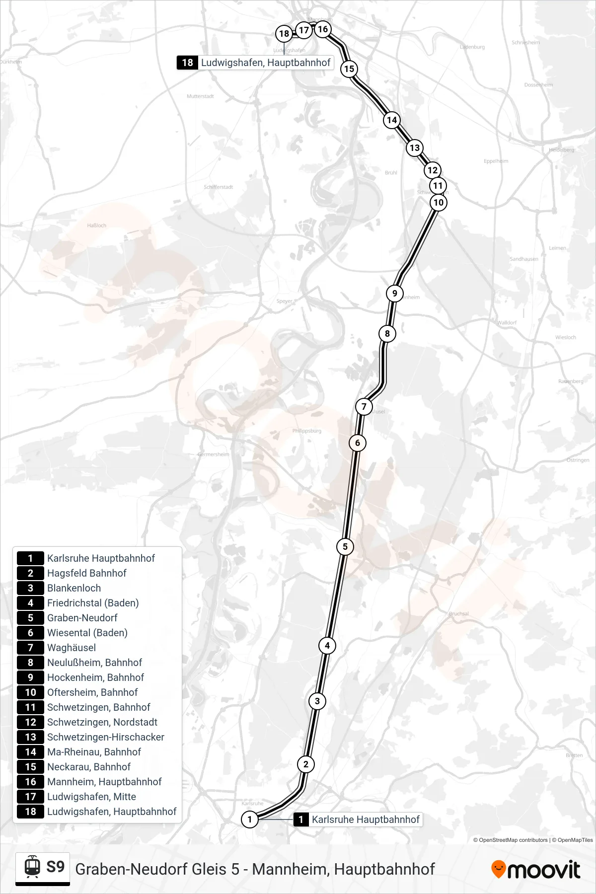 S9 light rail Line (Ludwigshafen, Hauptbahnhof) route and stops on a map