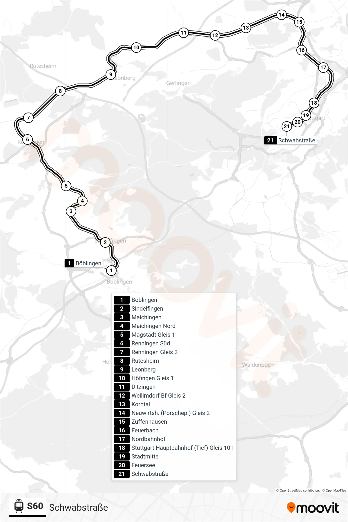 Linie S60 (Straßenbahn) Richtung Schwabstraße: Route und Haltestellen auf der Karte