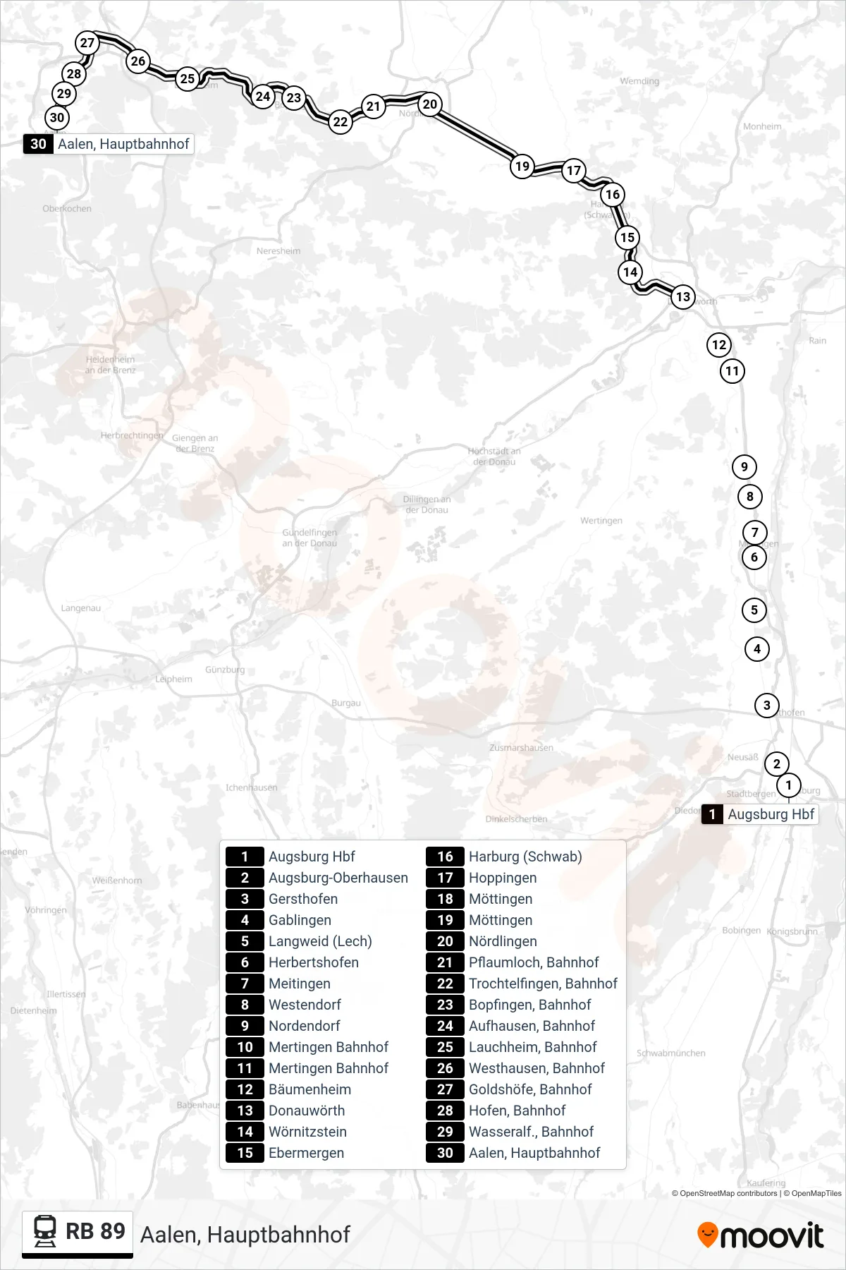 RB 89 train Line (Aalen, Hauptbahnhof) route and stops on a map