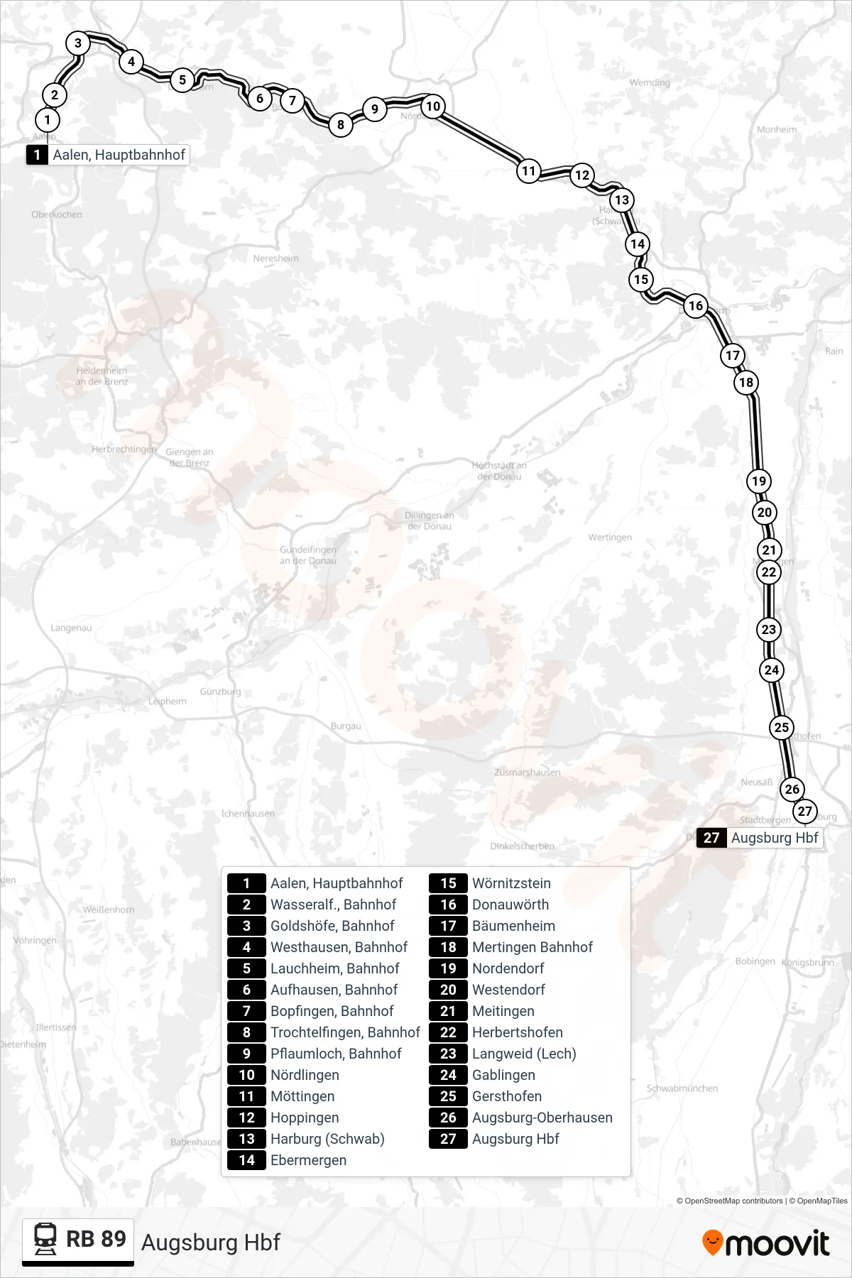 RB 89 rail Line (Augsburg Hbf) route and stops on a map