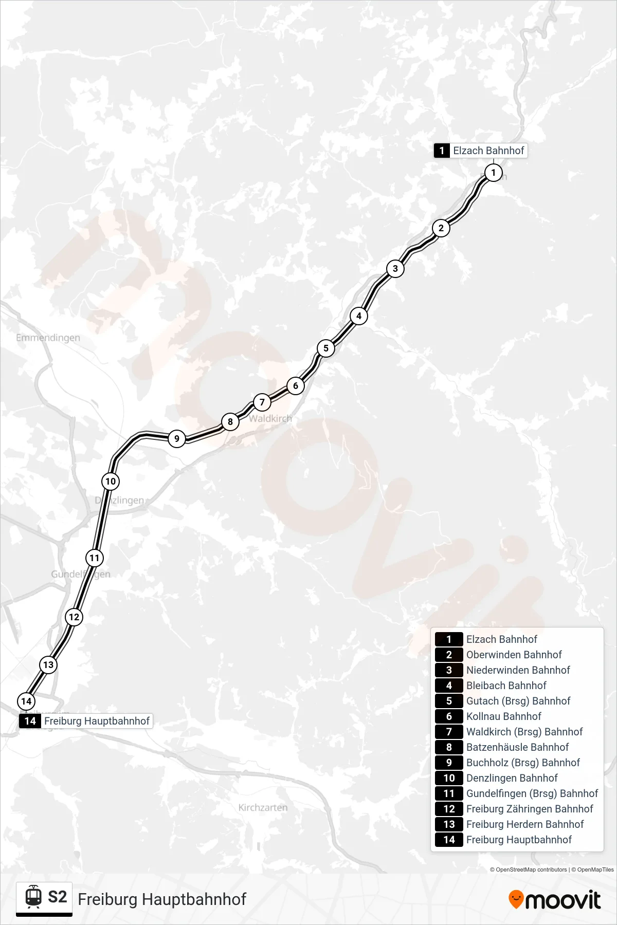 Linie S2 (Straßenbahn) Richtung Freiburg Hauptbahnhof: Route und Haltestellen auf der Karte
