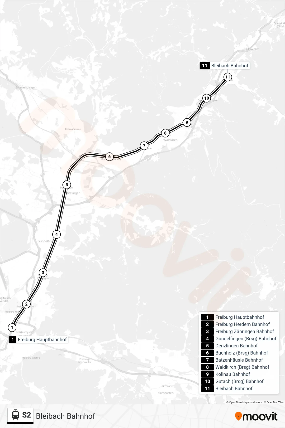 S2 tram Line (Bleibach Bahnhof) route and stops on a map