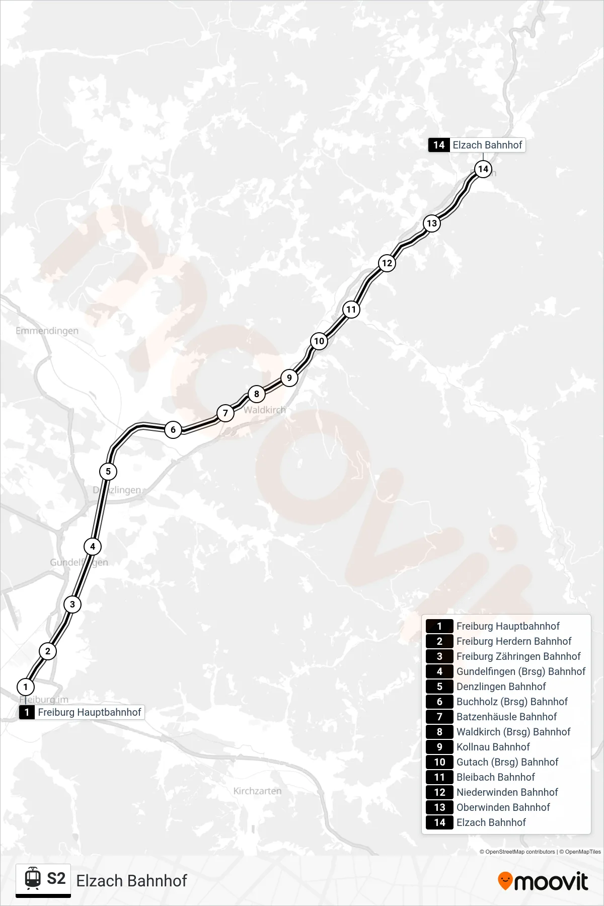 S2 light rail Line (Elzach Bahnhof) route and stops on a map