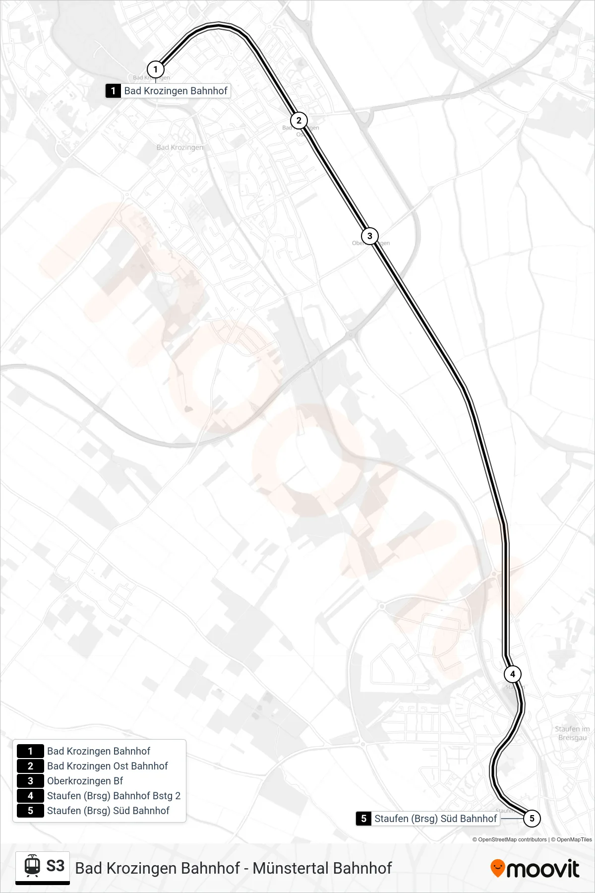 Linie S3 (Tram) Richtung Staufen (Brsg) Süd Bahnhof: Route und Haltestellen auf der Karte