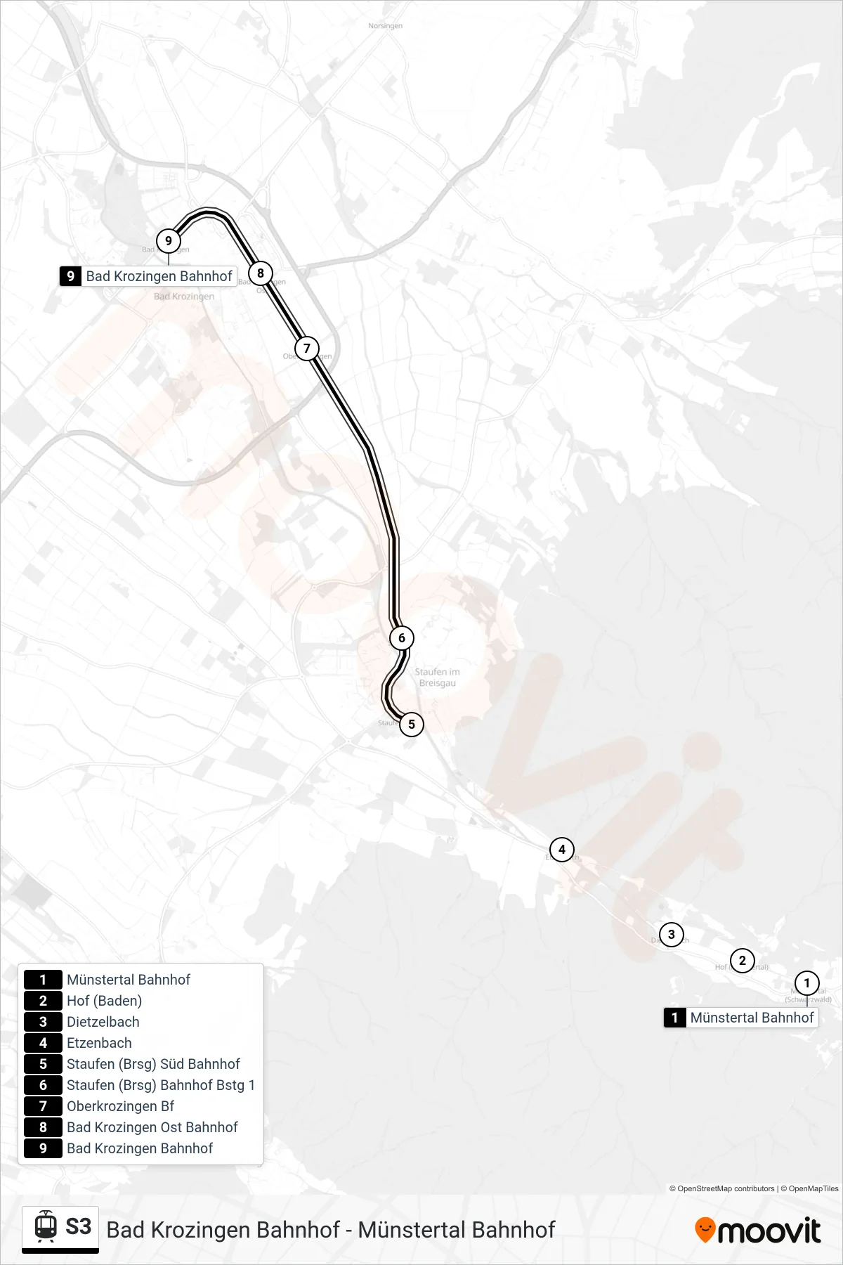 S3 light rail Line (Bad Krozingen Bahnhof) route and stops on a map