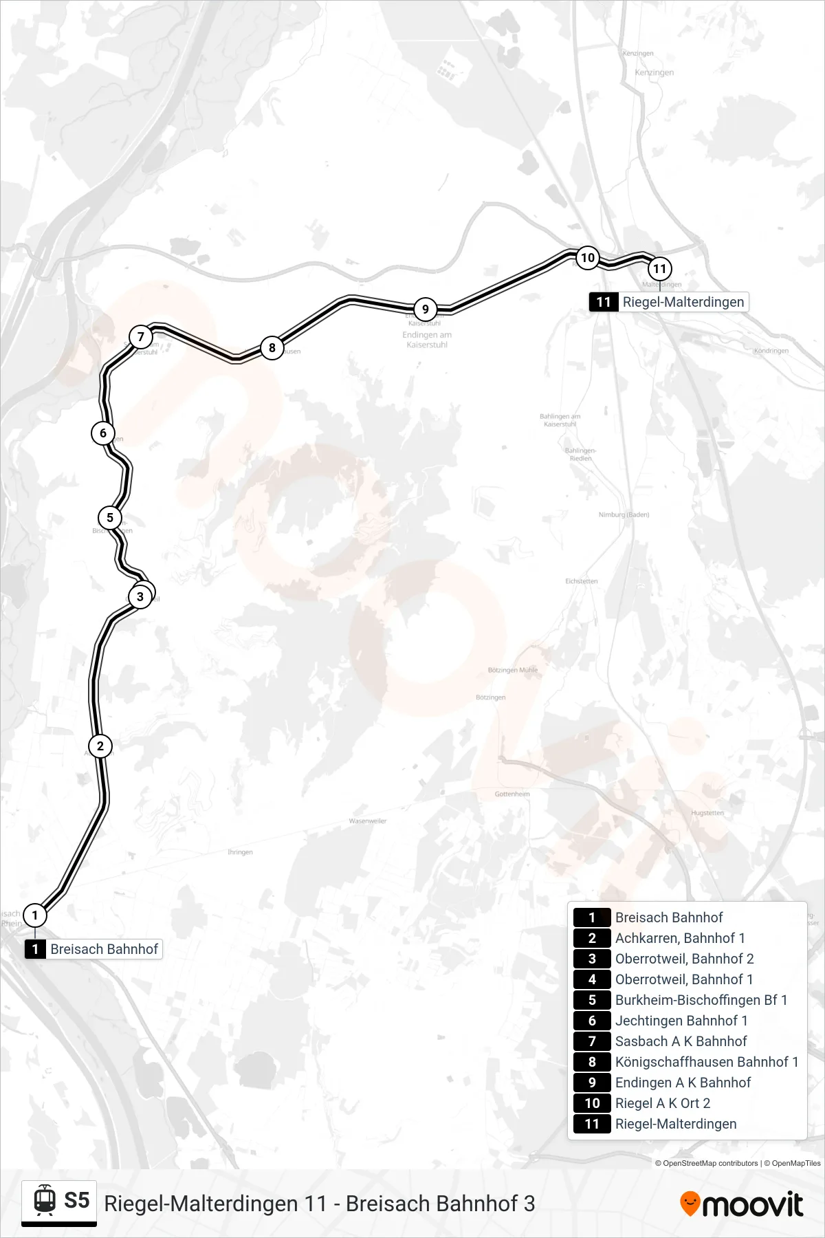 S5 tram Line (Riegel-Malterdingen) route and stops on a map