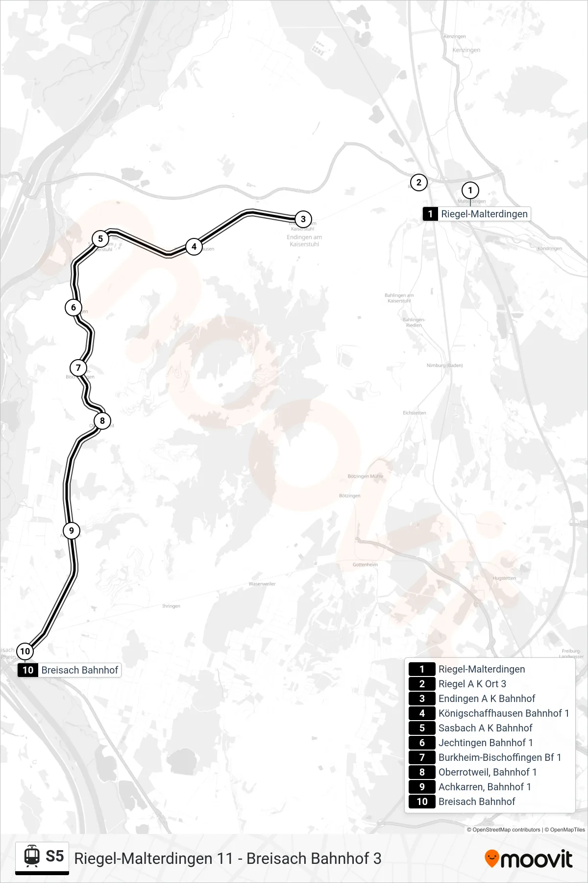S5 light rail Line (Breisach Bahnhof) route and stops on a map