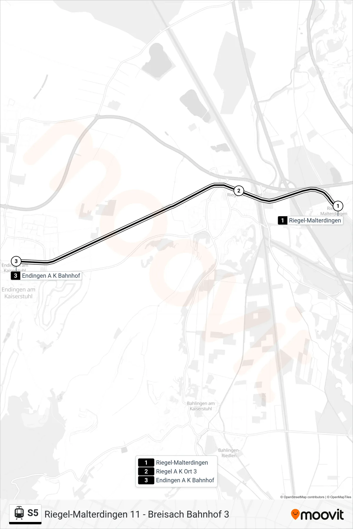 S5 light rail Line (Endingen A K Bahnhof) route and stops on a map