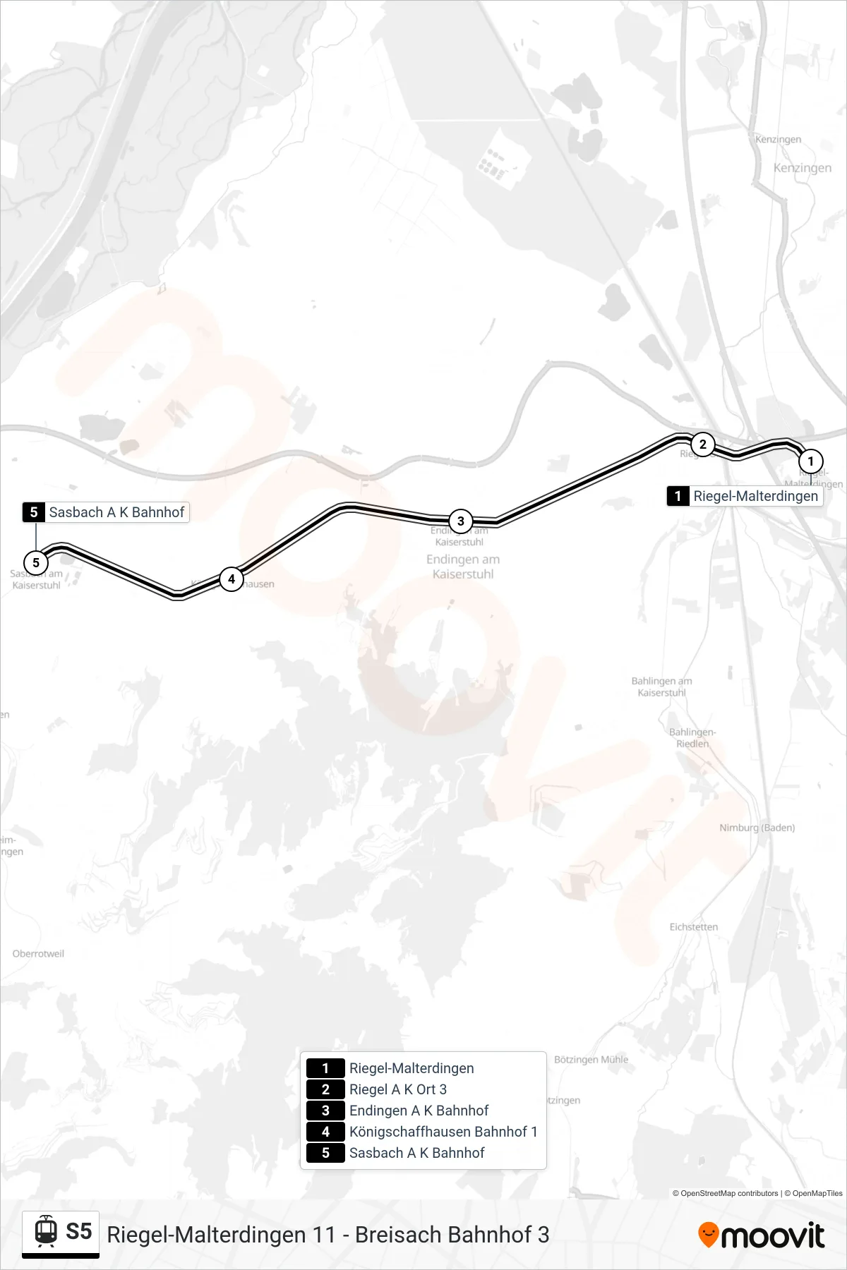 S5 light rail Line (Sasbach A K Bahnhof) route and stops on a map