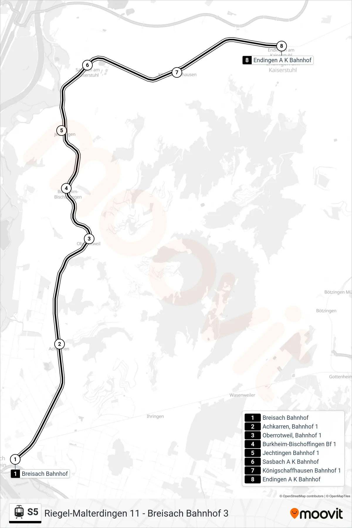 Linie S5 (Tram) Richtung Endingen A K Bahnhof: Route und Haltestellen auf der Karte