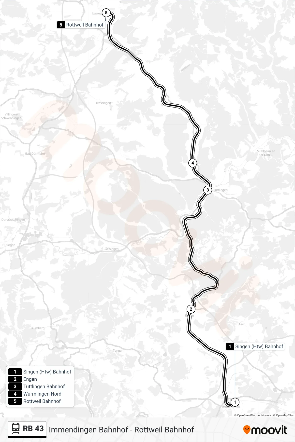 RB 43 train Line (Rottweil Bahnhof) route and stops on a map
