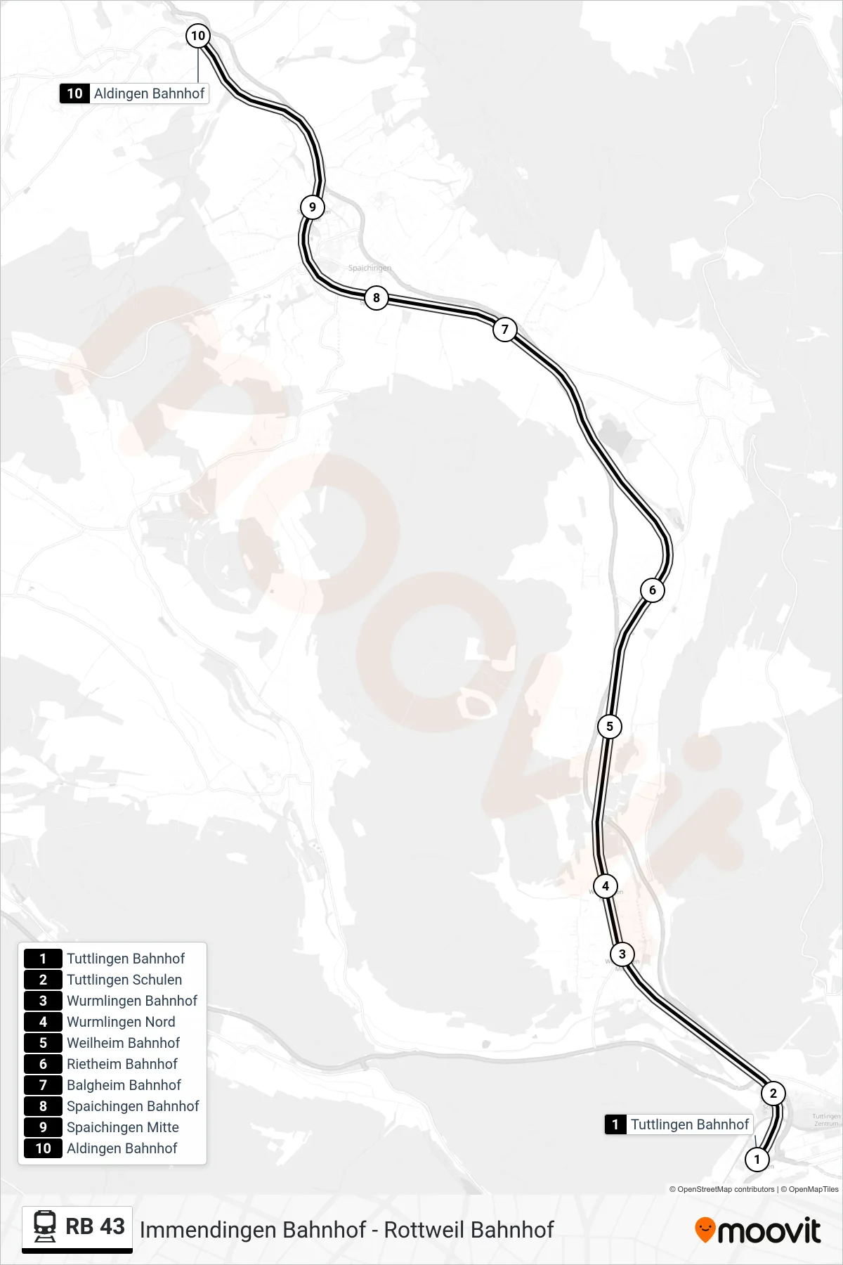 RB 43 train Line (Aldingen Bahnhof) route and stops on a map