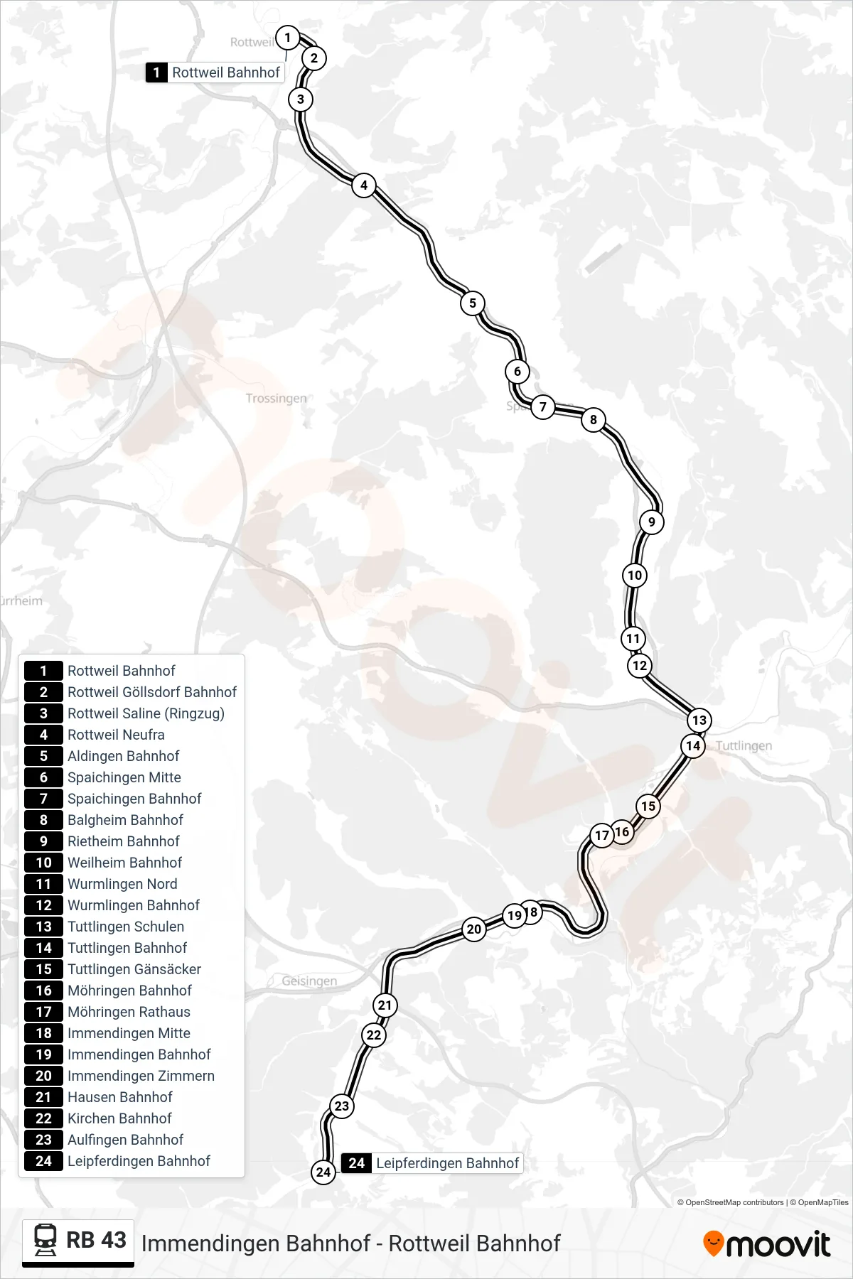 RB 43 rail Line (Leipferdingen Bahnhof) route and stops on a map