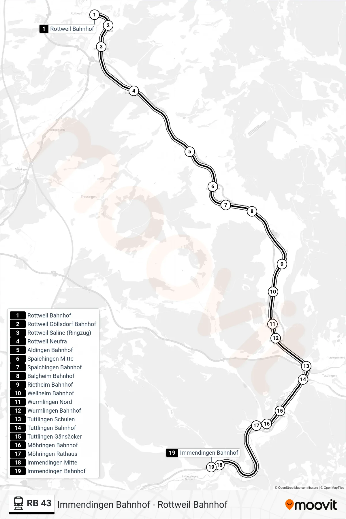 Linie RB 43 (Bahn) Richtung Immendingen Bahnhof: Route und Haltestellen auf der Karte