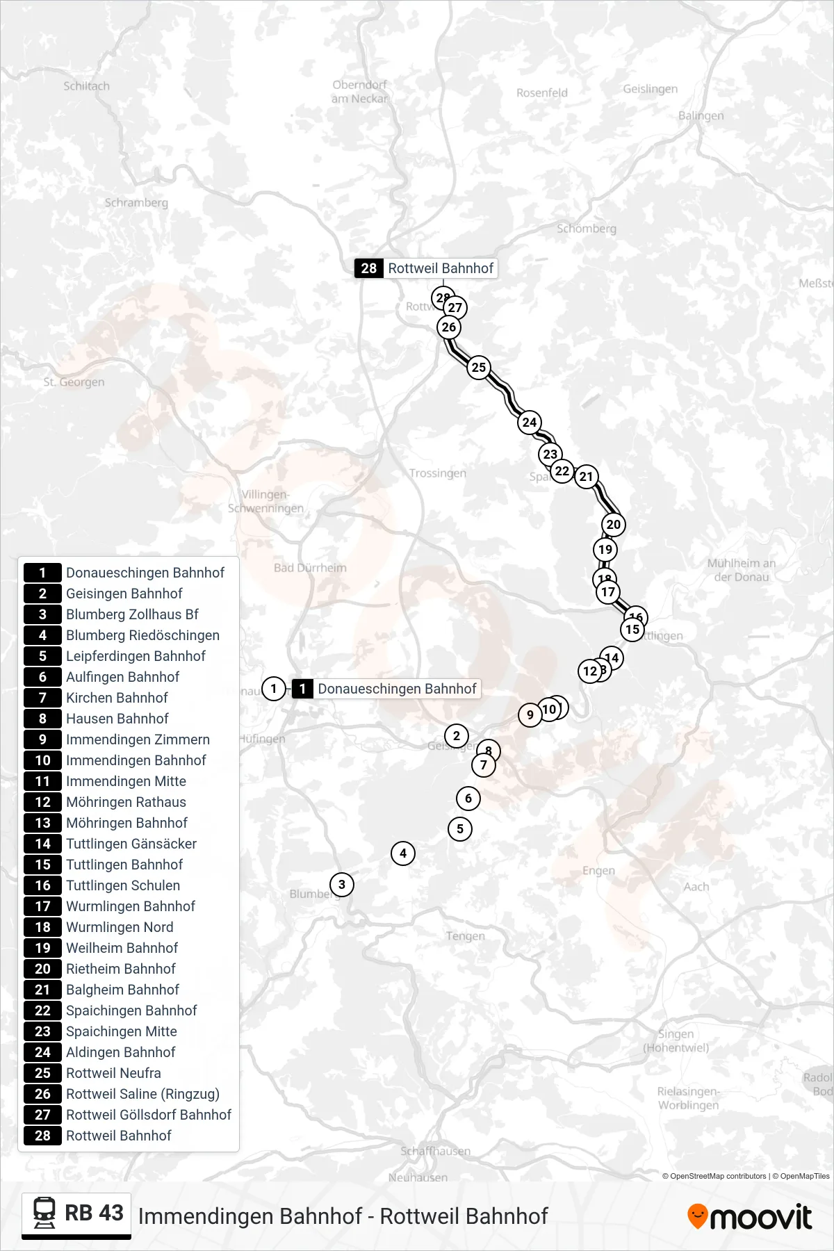 RB 43 train Line (Rottweil Bahnhof) route and stops on a map