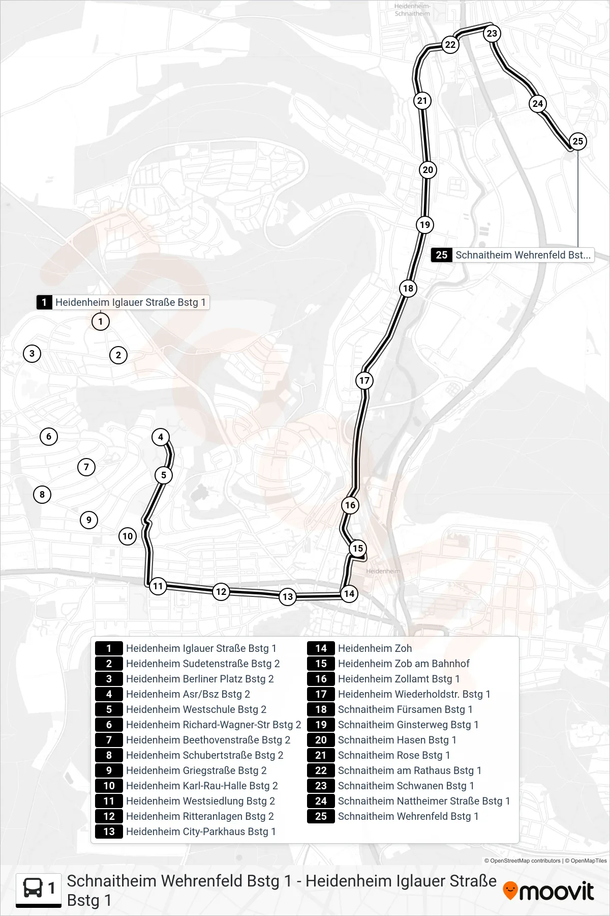 1 bus Line (Schnaitheim Wehrenfeld) route and stops on a map