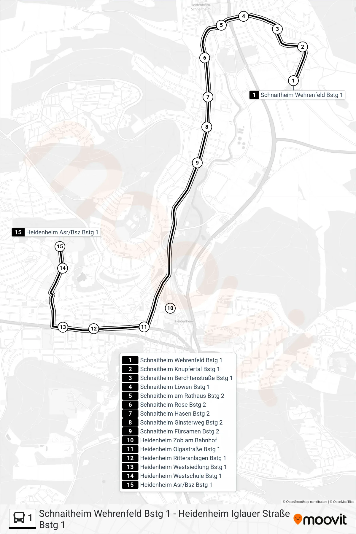 1 bus Line (Heidenheim Asr/Bsz) route and stops on a map