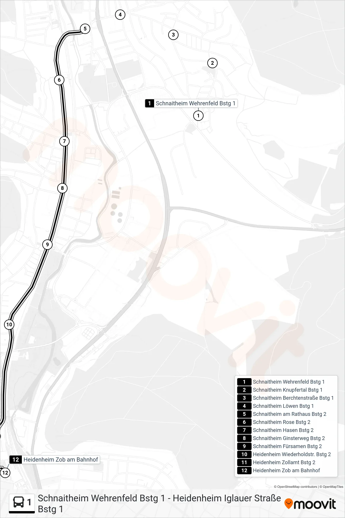 1 bus Line (Heidenheim Zob am Bahnhof) route and stops on a map