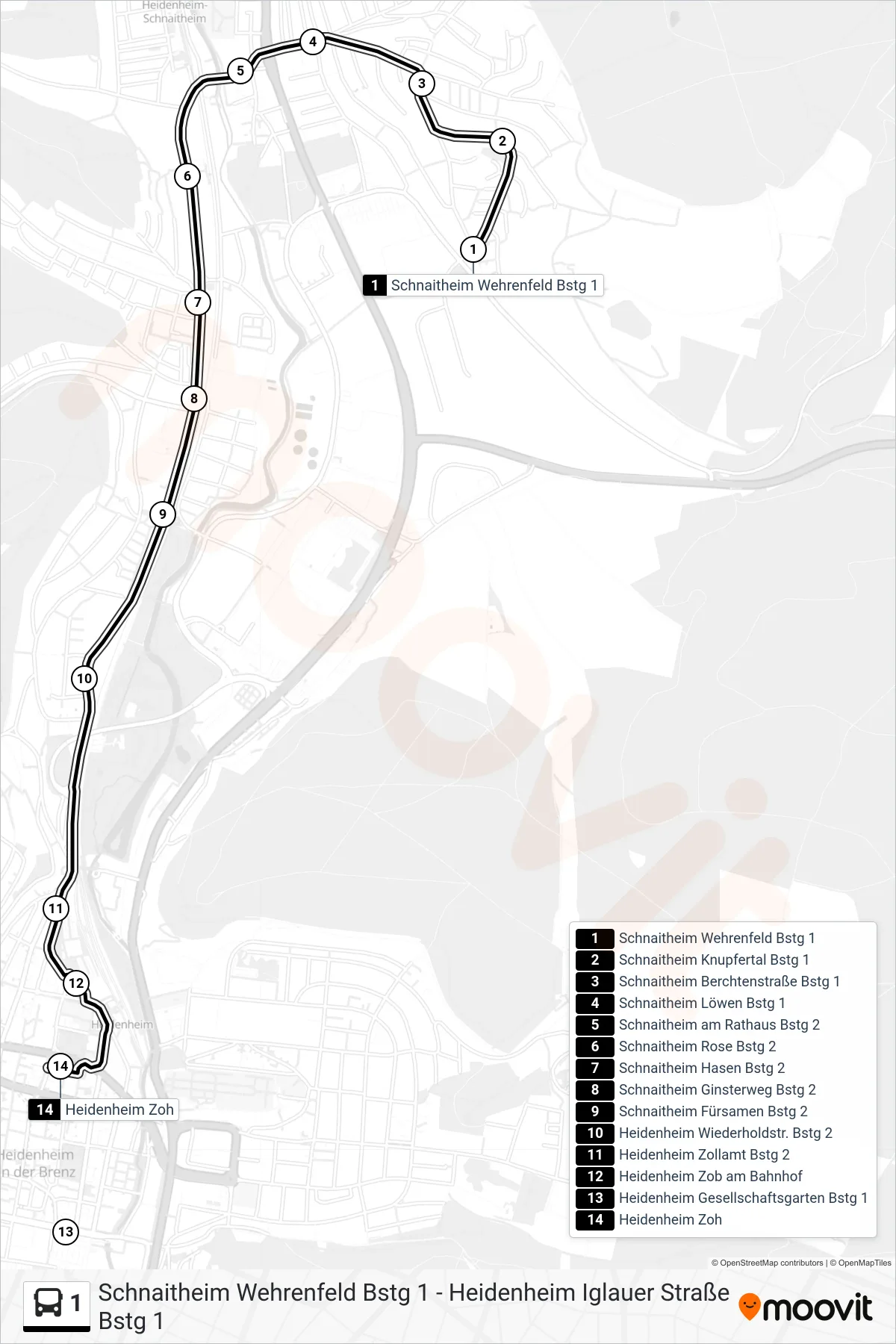 1 bus Line (Heidenheim Zoh) route and stops on a map