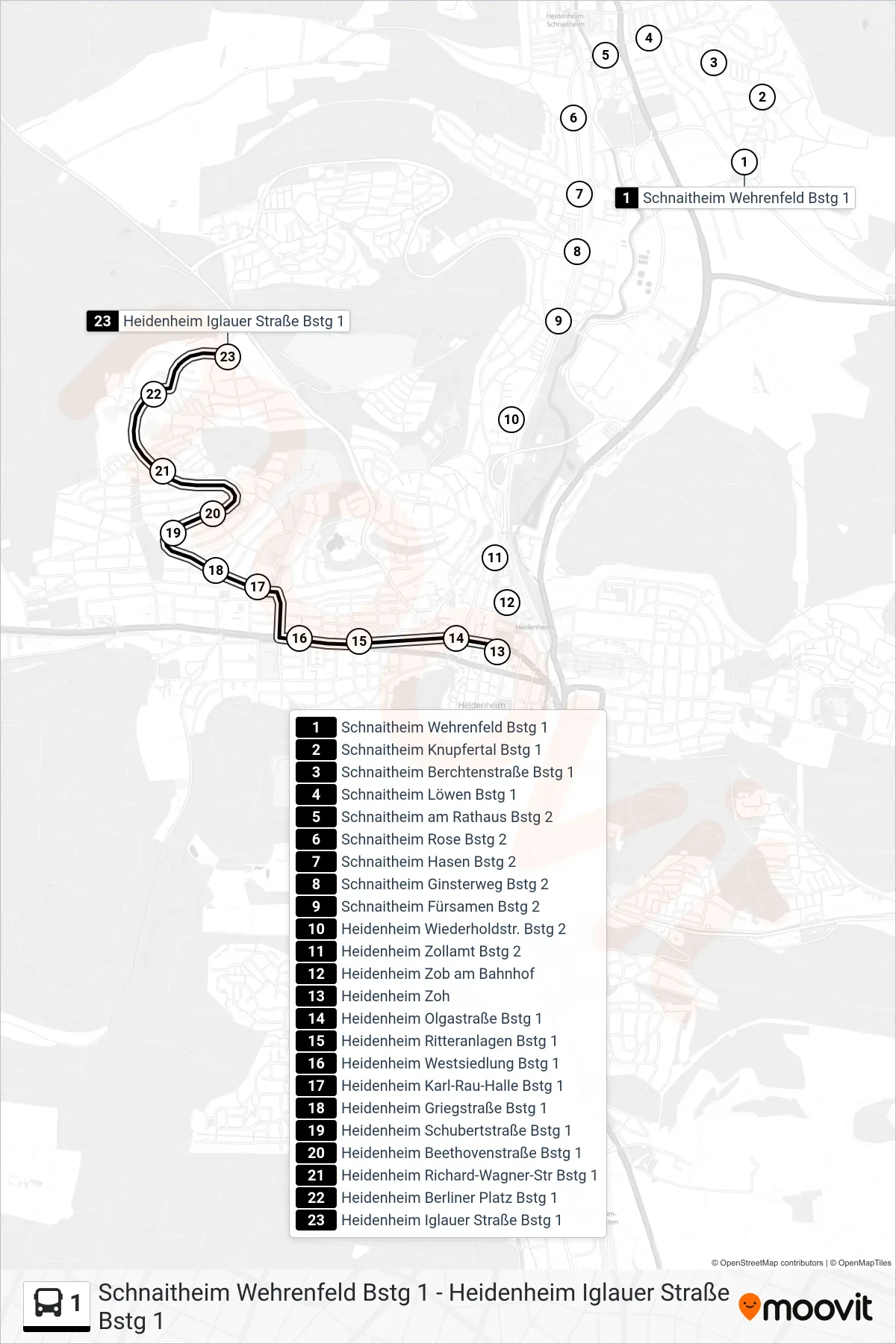 1 bus Line (Heidenheim Iglauer Straße) route and stops on a map