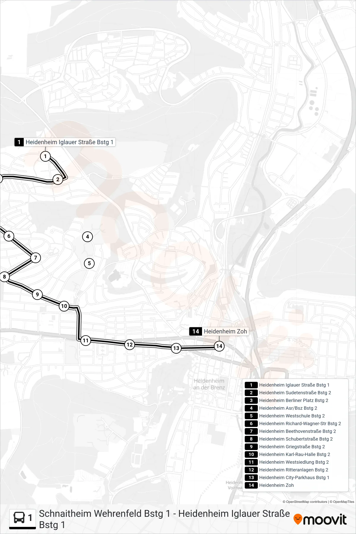 1 bus Line (Heidenheim Zoh) route and stops on a map