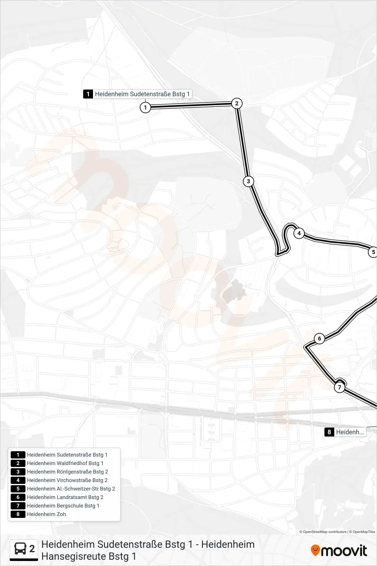 2 bus Line (Heidenheim Zoh) route and stops on a map