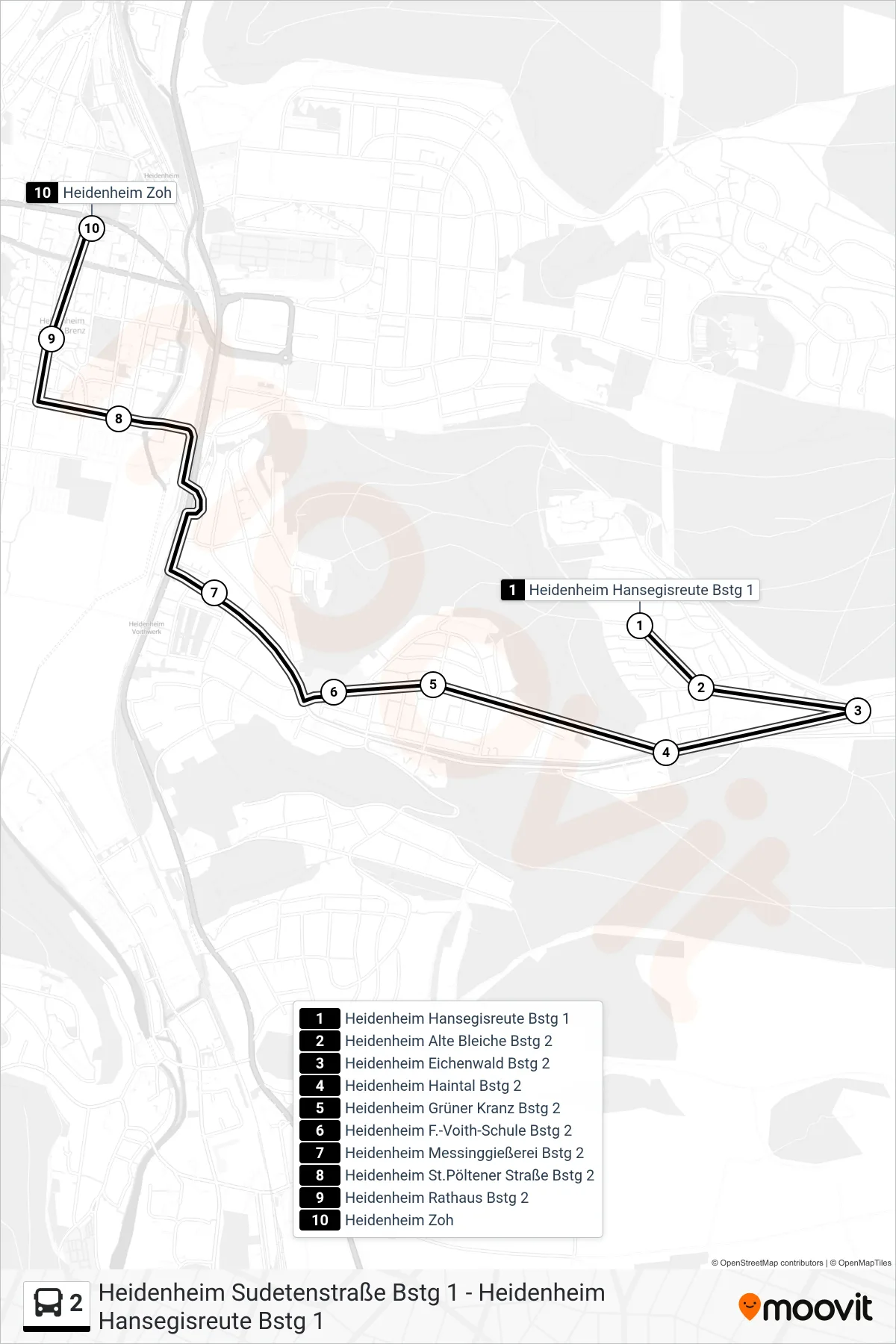 2 bus Line (Heidenheim Zoh) route and stops on a map