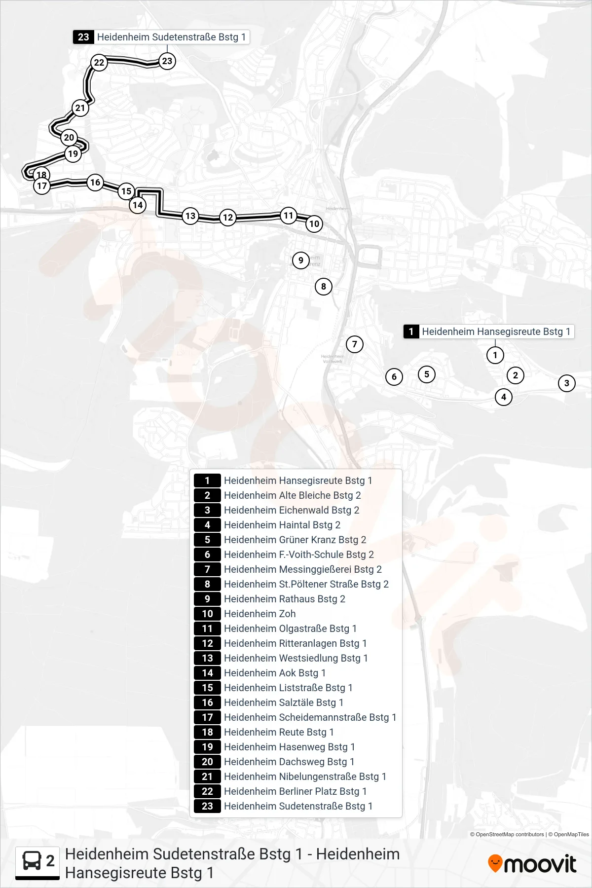 2 bus Line (Heidenheim Sudetenstraße) route and stops on a map