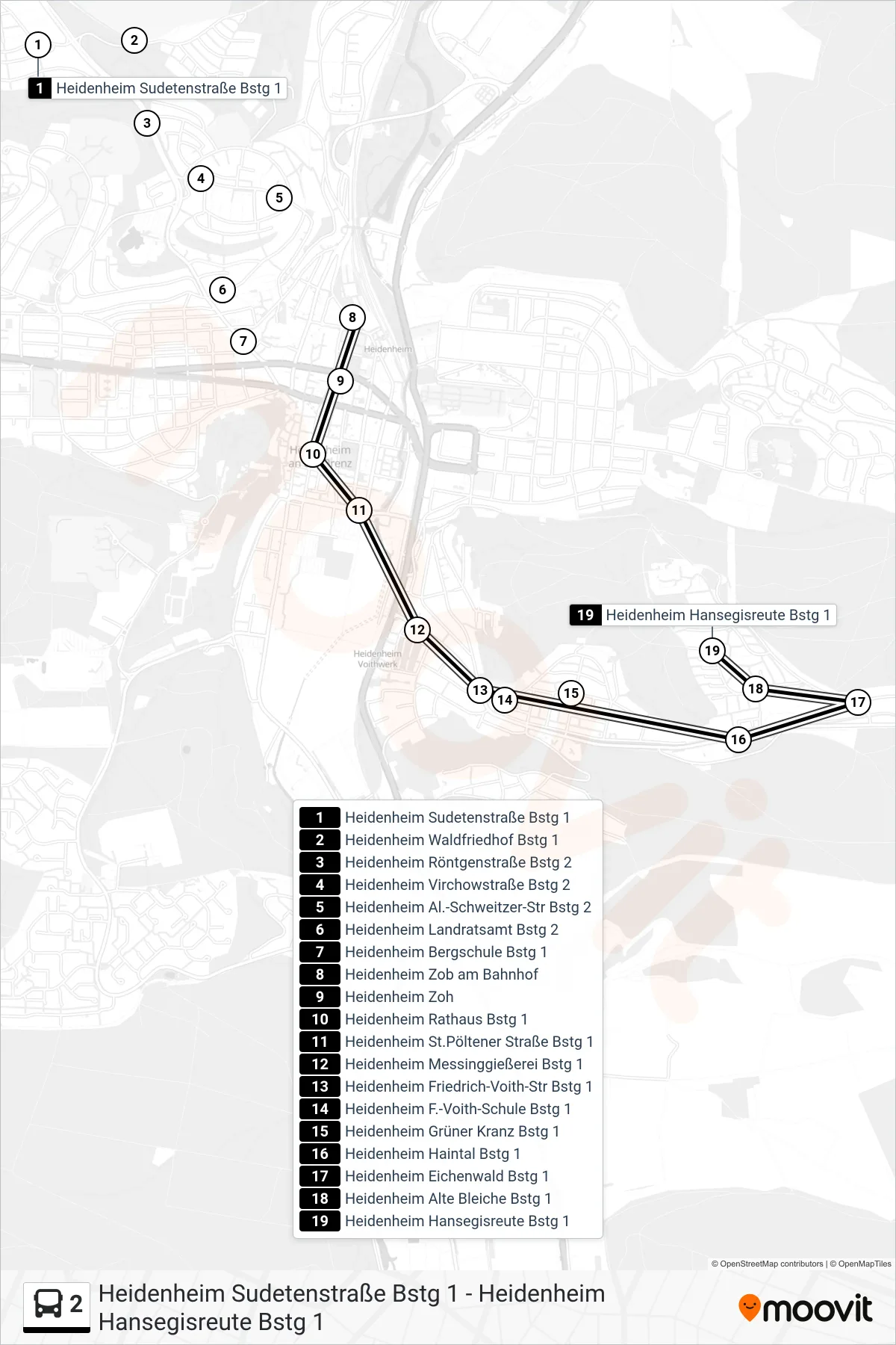Linie 2 (Bus) Richtung Heidenheim Hansegisreute: Route und Haltestellen auf der Karte
