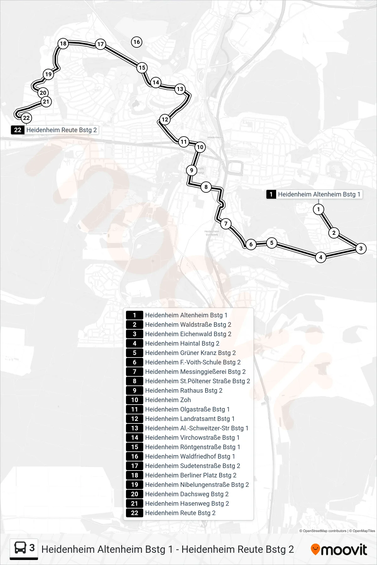 3 bus Line (Heidenheim Reute) route and stops on a map