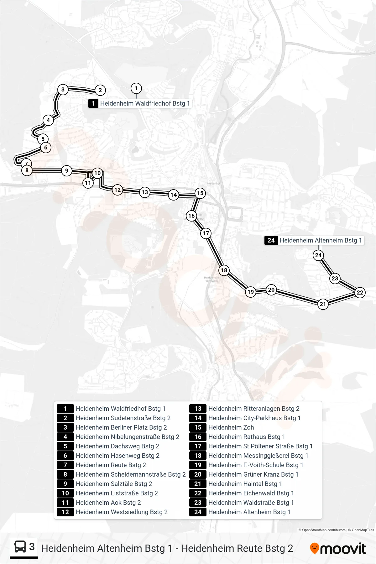 3 bus Line (Heidenheim Altenheim) route and stops on a map