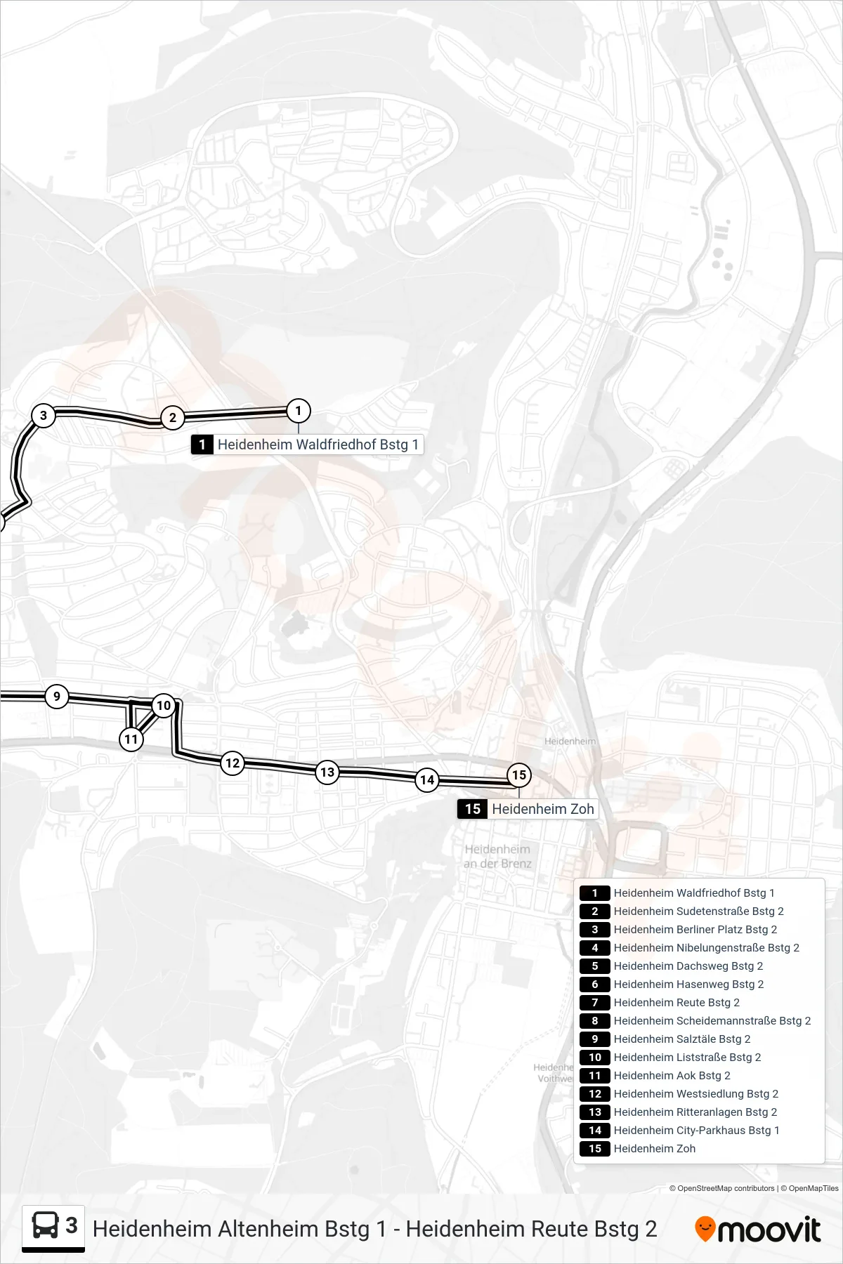 3 bus Line (Heidenheim Zoh) route and stops on a map