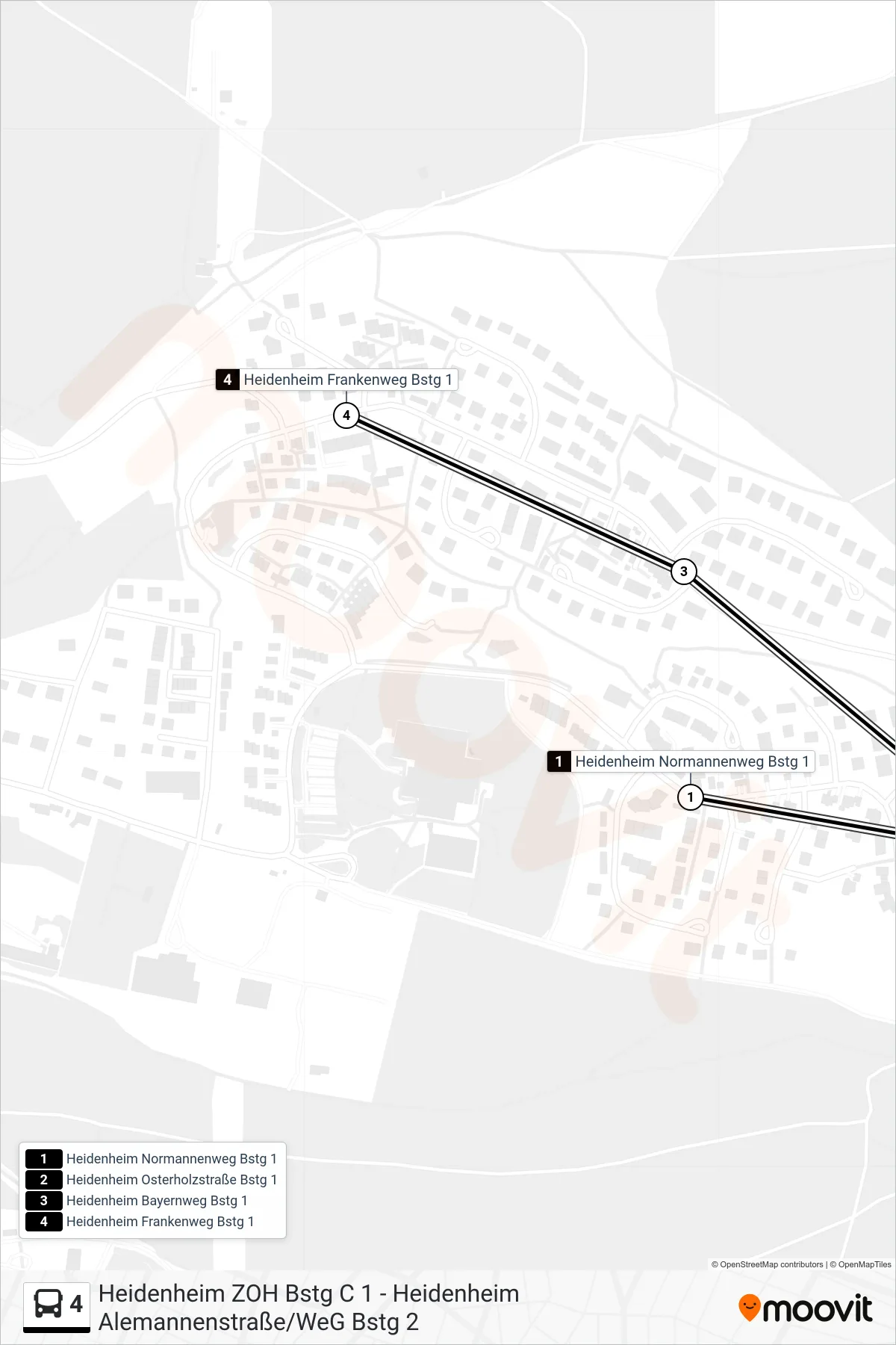 4 bus Line (Heidenheim Frankenweg) route and stops on a map