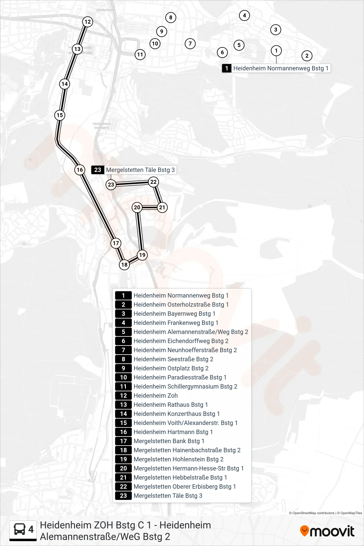 4 bus Line (Mergelstetten Täle) route and stops on a map