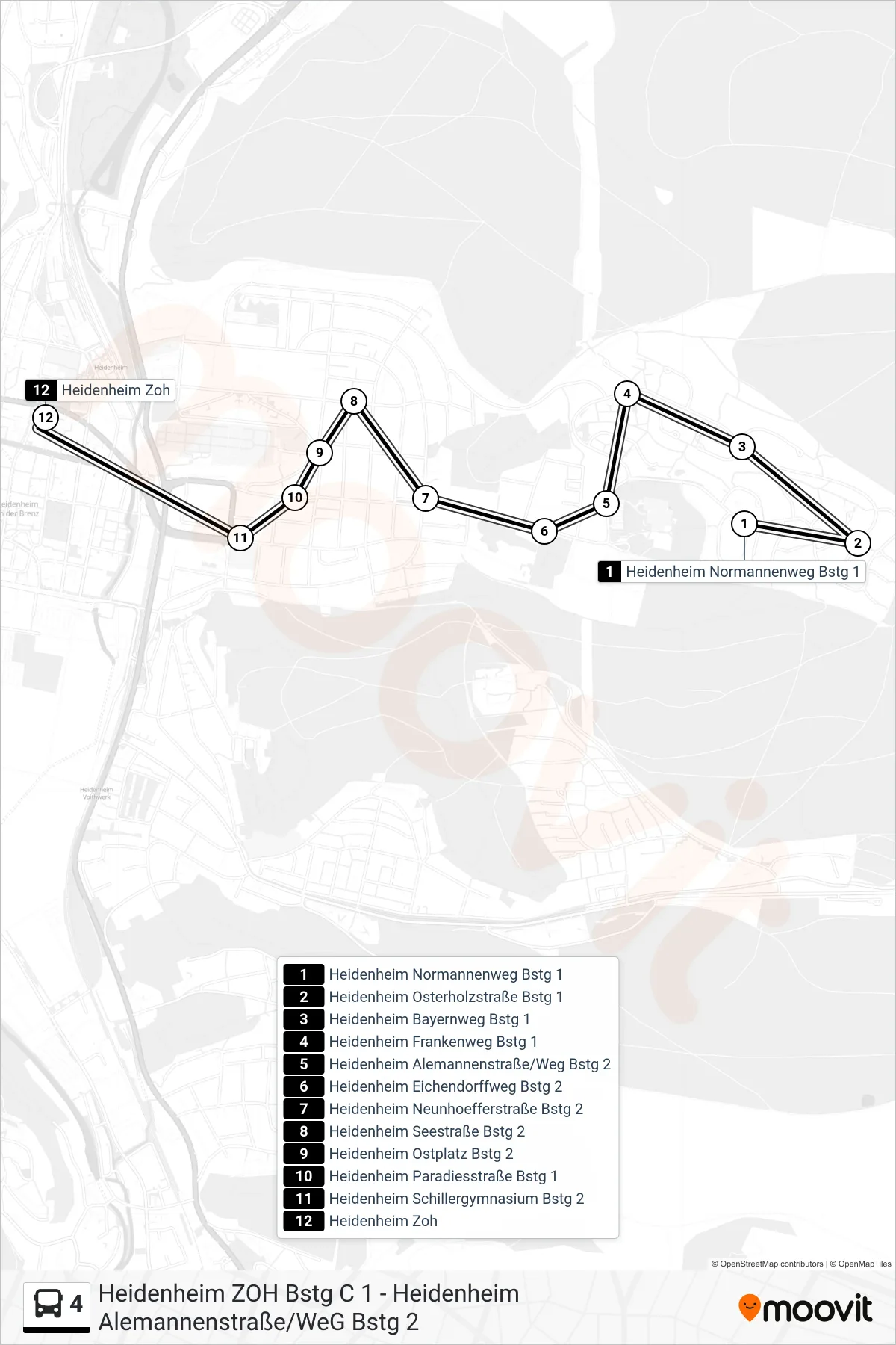 4 bus Line (Heidenheim Zoh) route and stops on a map