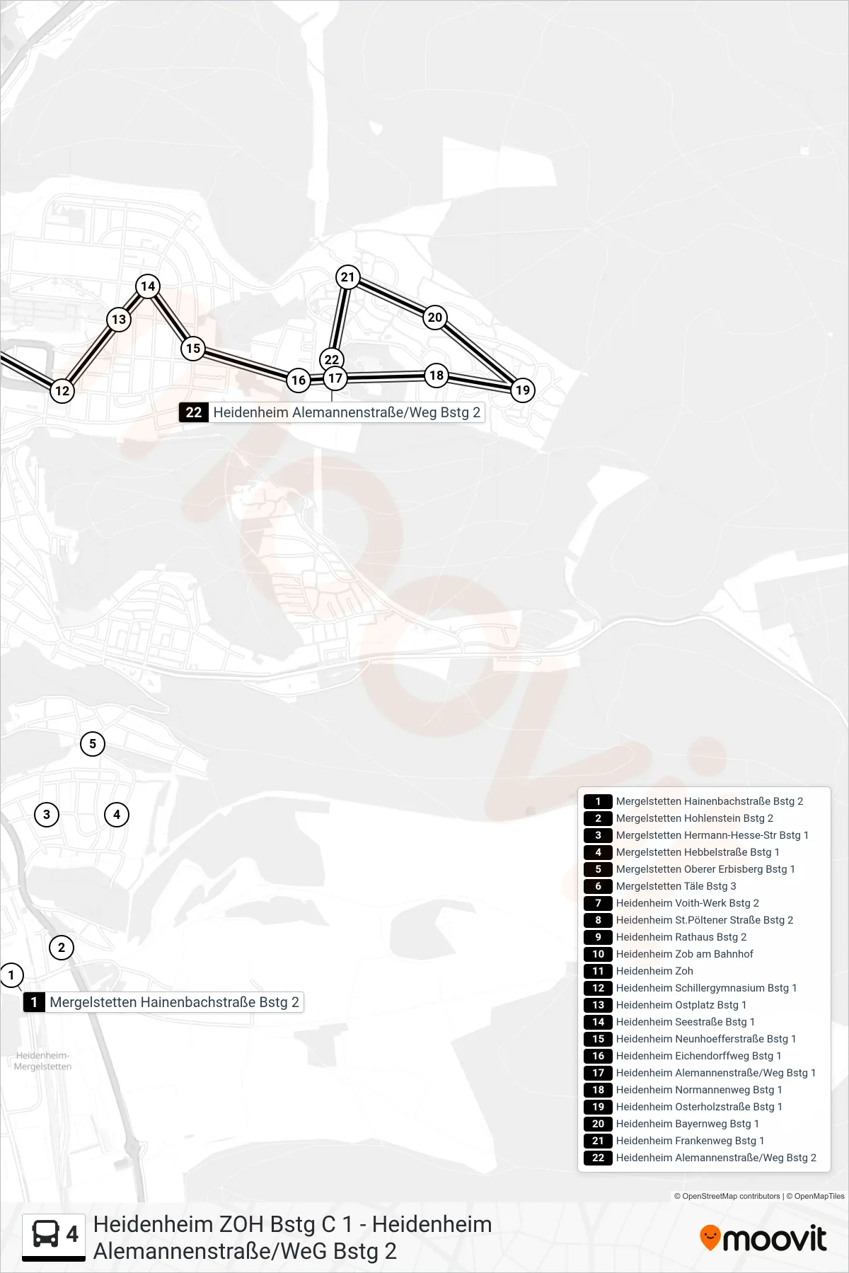4 bus Line (Heidenheim Alemannenstraße/Weg) route and stops on a map